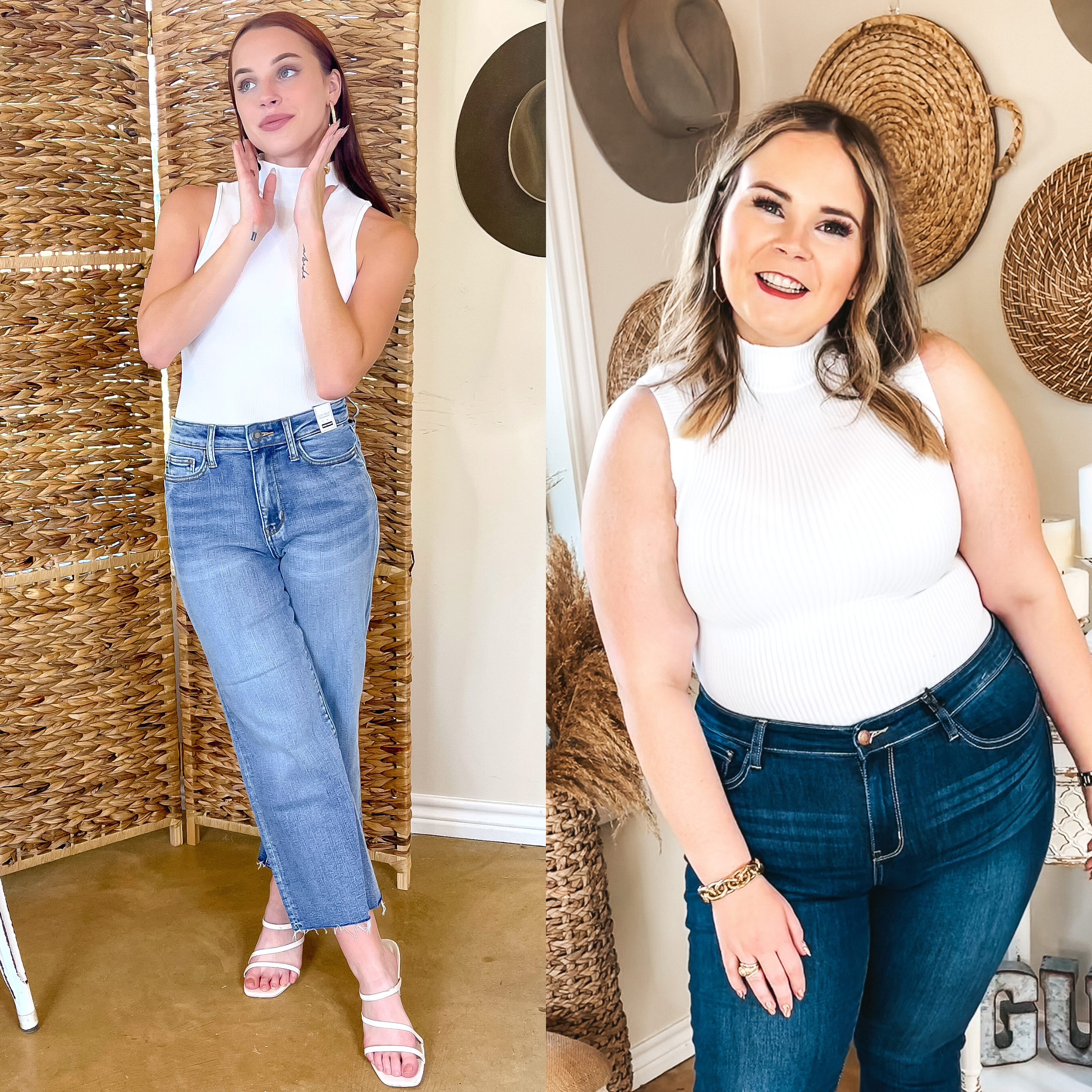 Both models are wearing a white, ribbed, turtleneck, tank top bodysuit. Model on the left is wearing raw hem light wash jeans with white strappy heels. Model on the right is wearing dark wash jeans and gold bracelet, rings, and earrings