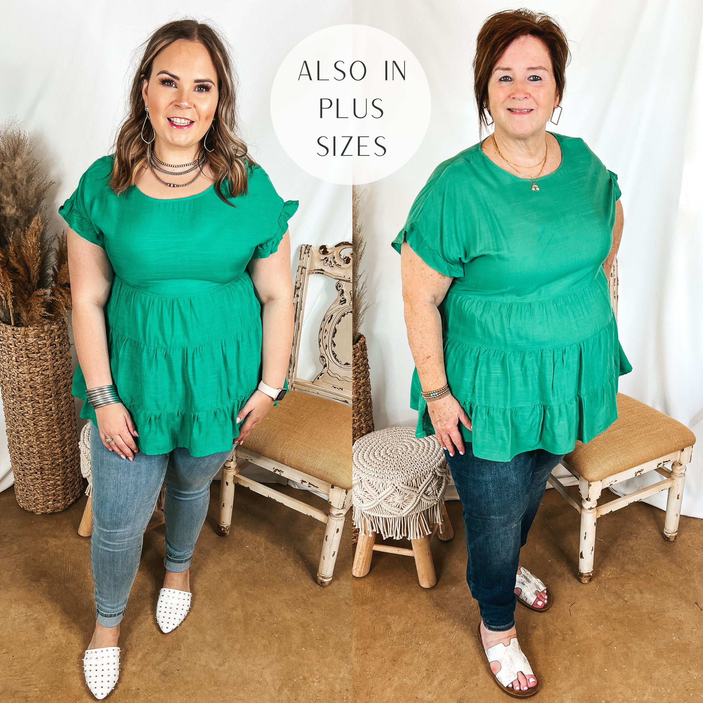 Models are wearing a green ruffle tiered top. Size large model has it paired with light wash skinny jeans, white mules, and silver jewelry. Plus size model has it paired with white sandals, dark wash skinny jeans, and gold jewelry.