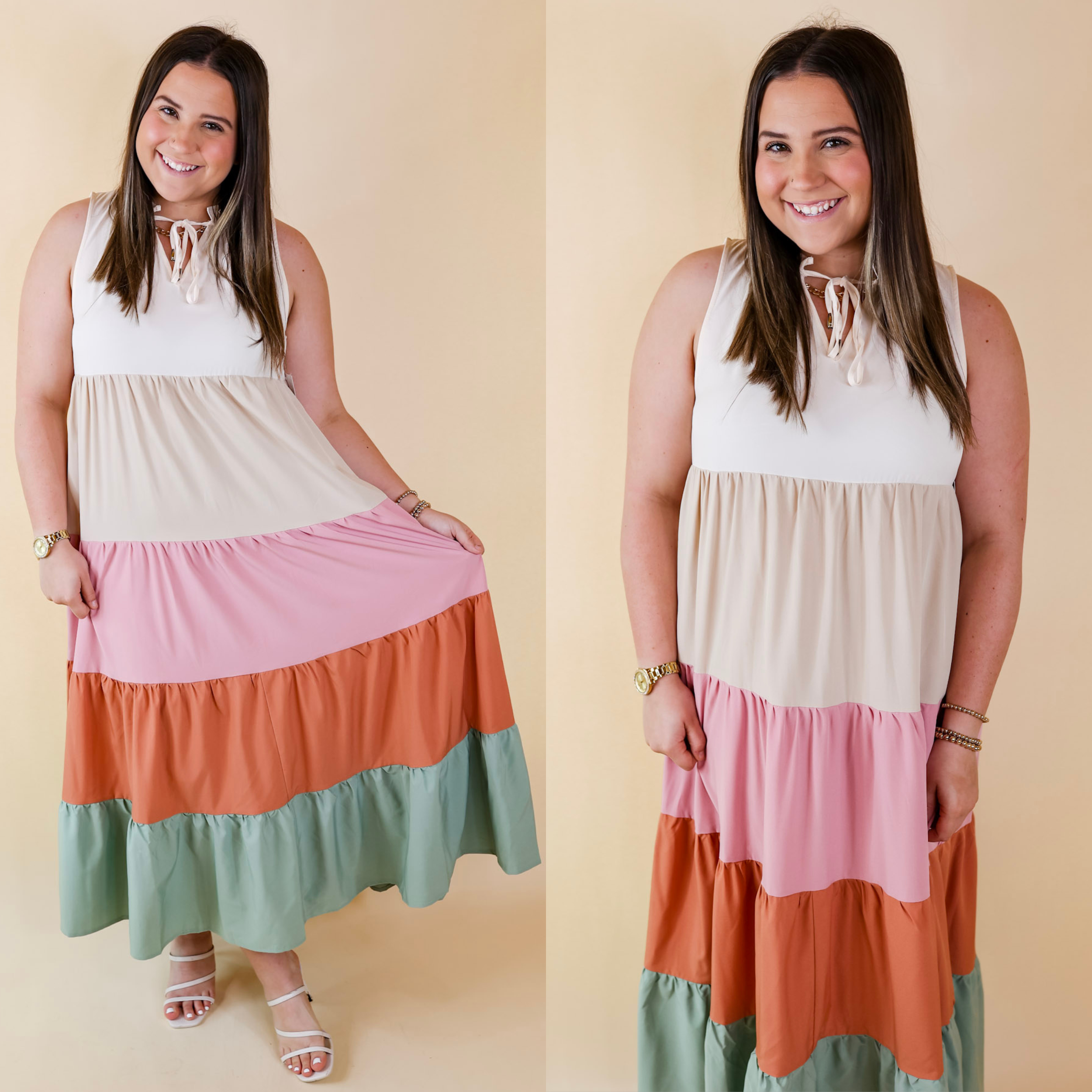 Model is wearing a tank maxi dress with a keyhole front and tiered colors in cream, ivory, light pink, orange, and sage green. Model has it paired with white heels and gold jewelry.