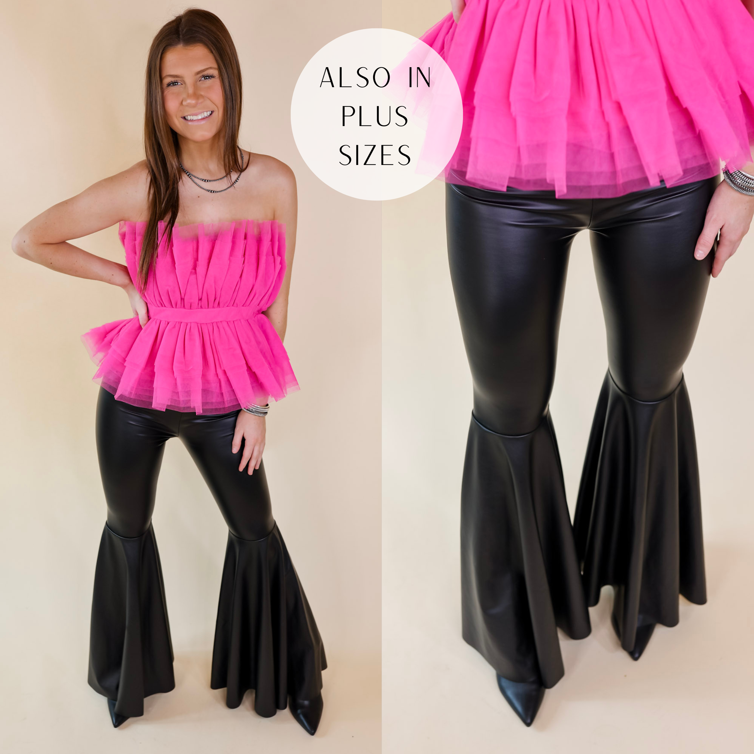 Model is wearing a pair of black faux leather bell bottom pants. Model has it paired with a pink tulle top, black booties, and silver jewelry.