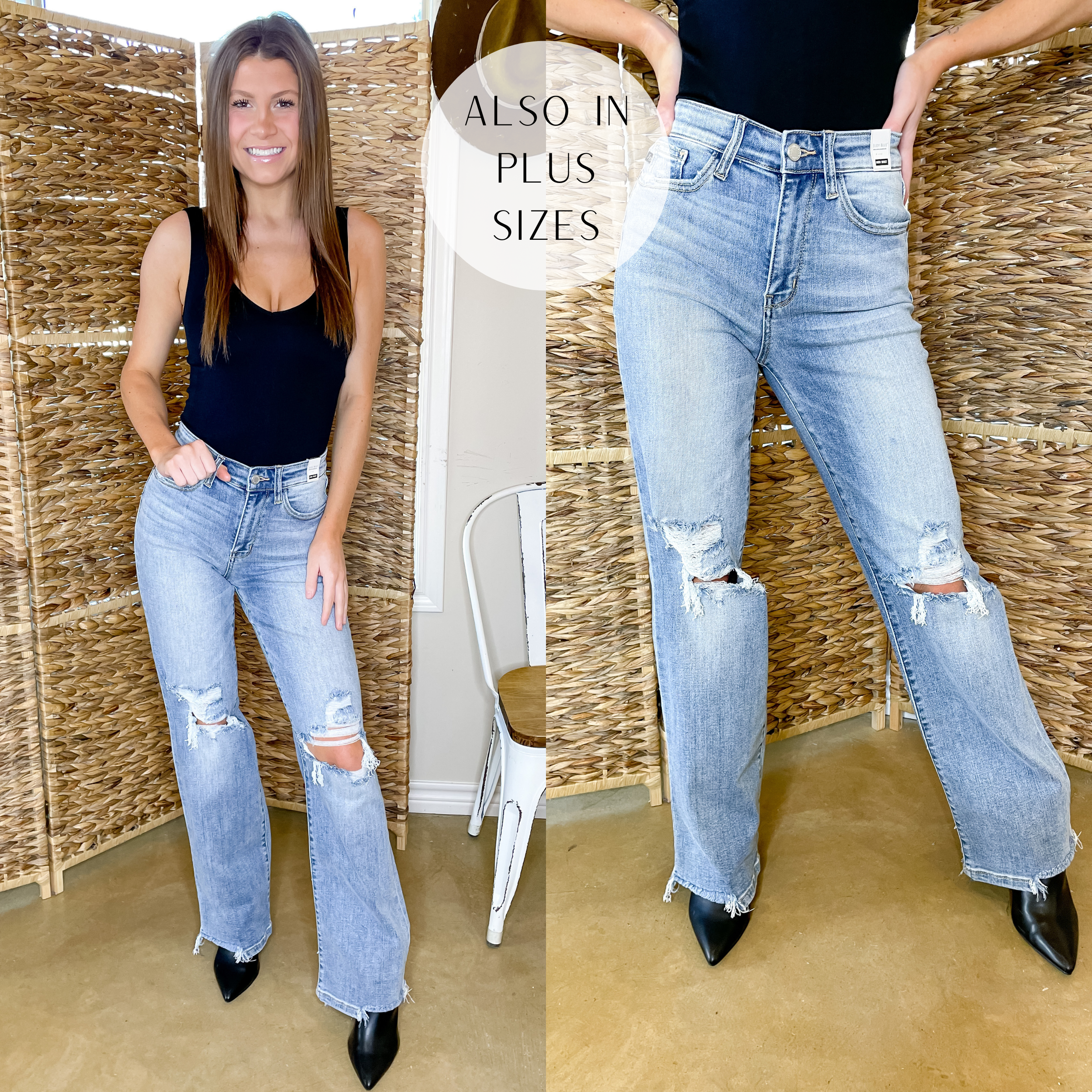 Last Chance 20W, 22W & 24W | Judy Blue | BFF Bond 90's Destroy Knee Straight Leg Jeans in Light Wash - Giddy Up Glamour Boutique