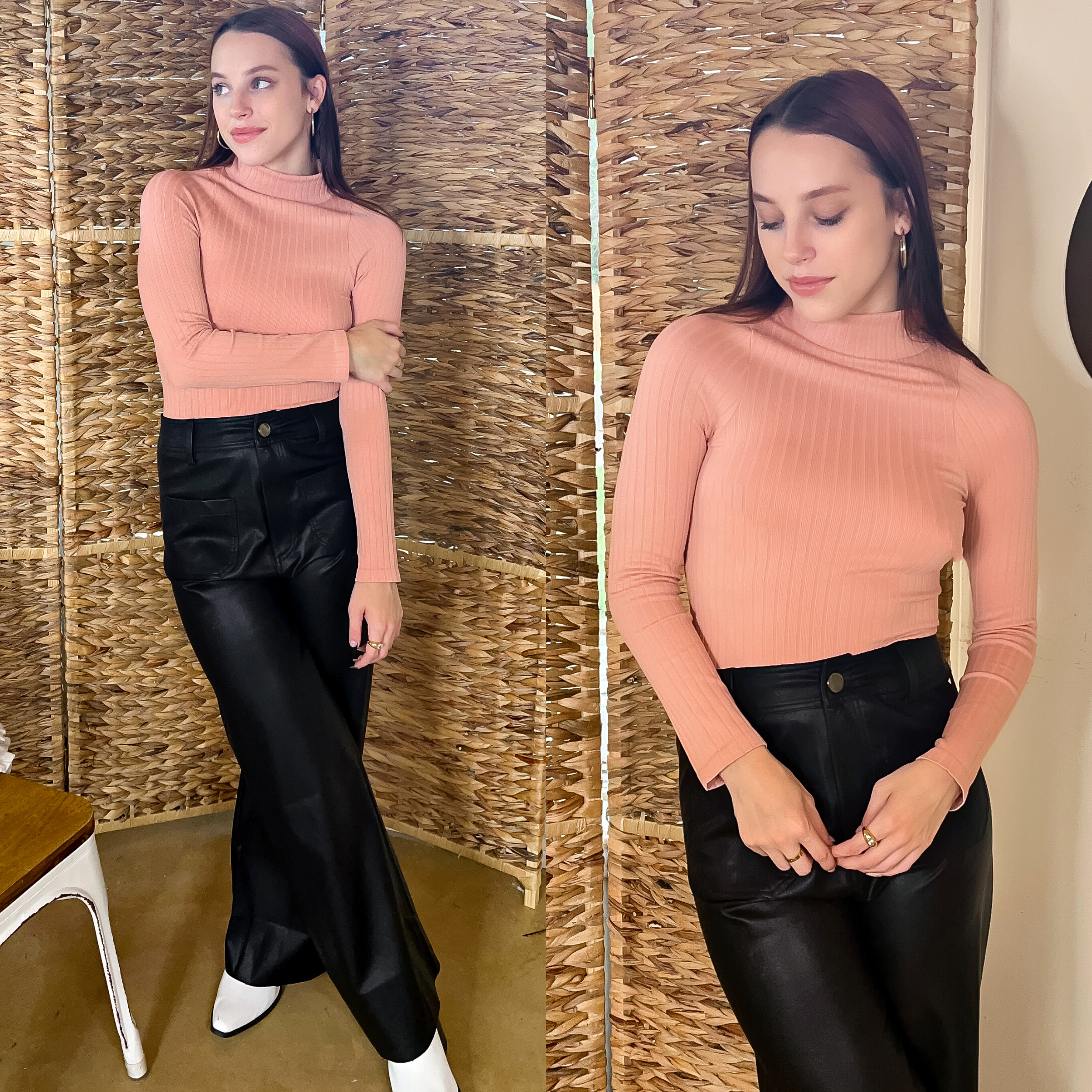 Model is wearing a high neck, ribbed long sleeve top in light pink. She is also wearing black leather pants with white boots, gold earrings and rings. 