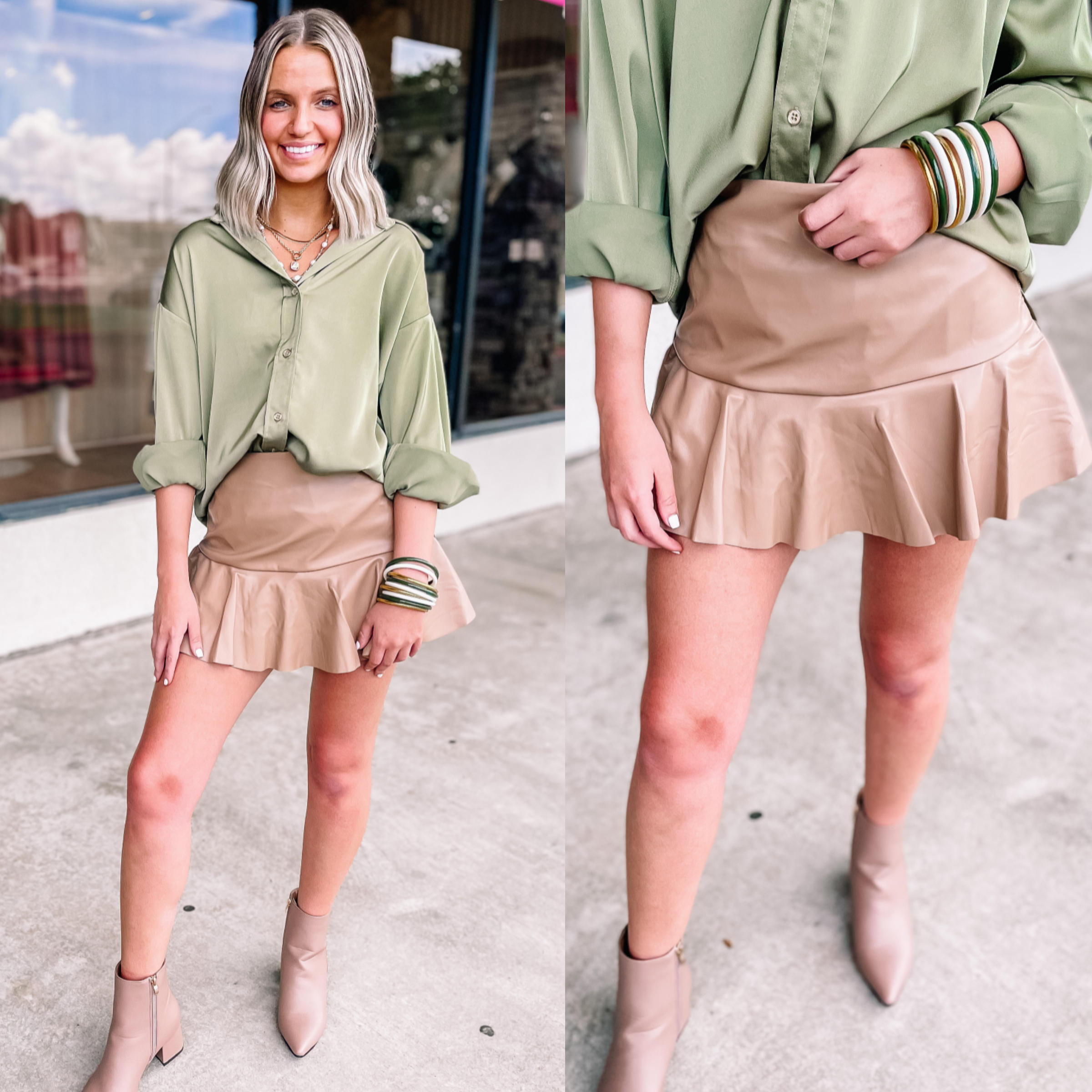Model is wearing a faux leather ruffle mini skort in tan. Model has it paired with tan booties, and a green button up top. 