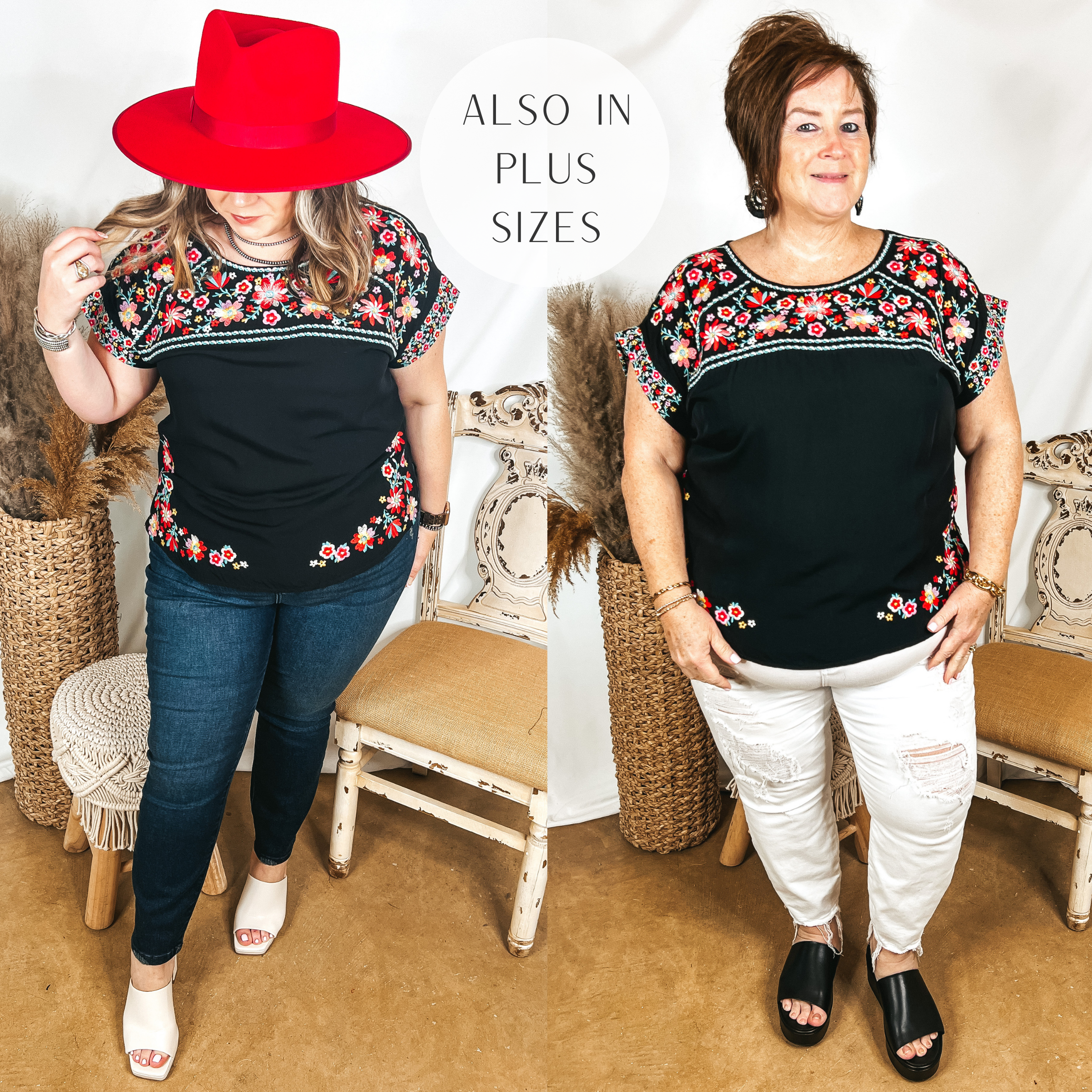 Models are Wearing a black top that has floral embroidery. Size large model has it paired with dark wash jeans, white heels, and a red hat. Plus size model has it paired with white skinny jeans, black sandals, and black jewelry.