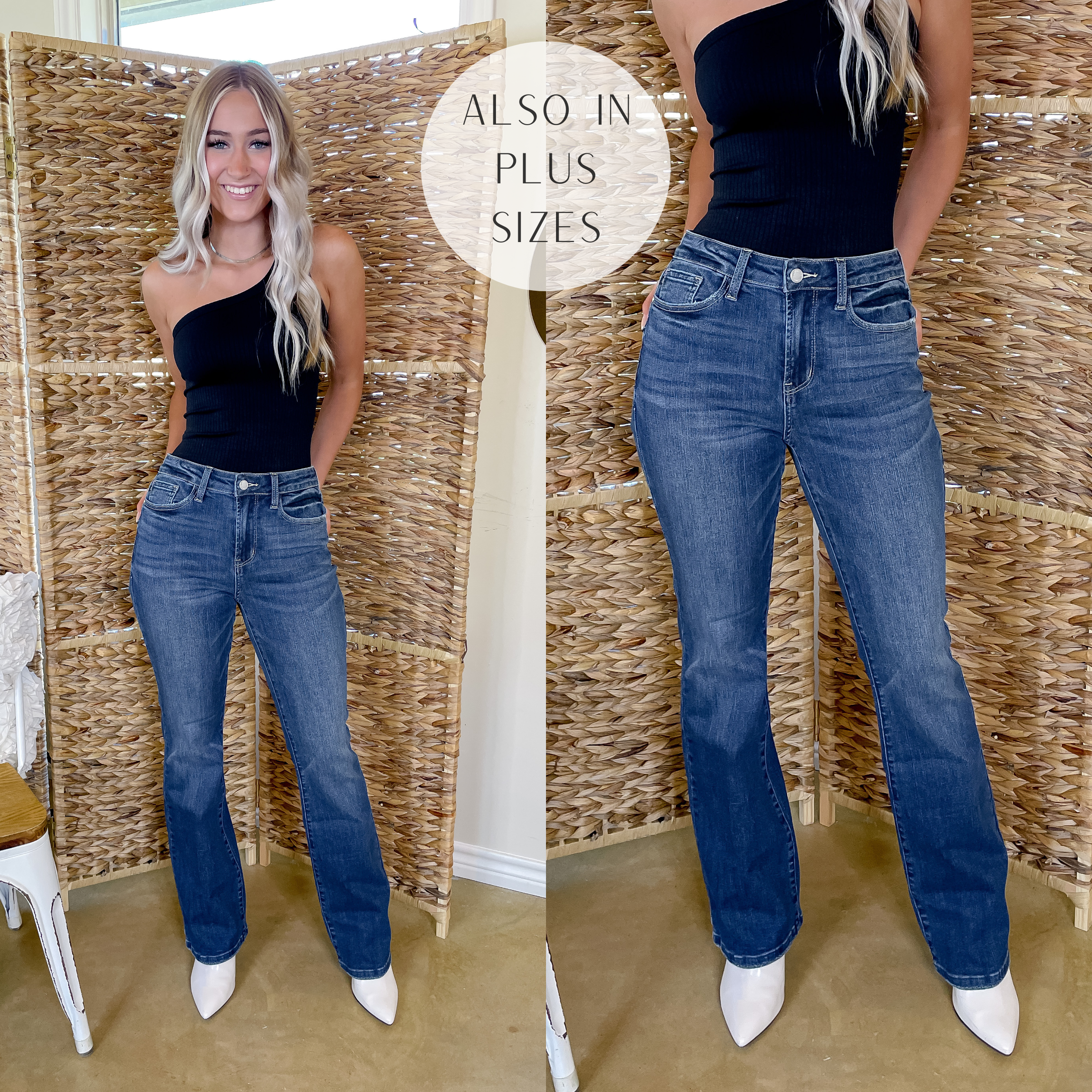 Model is wearing dark wash, bootcut jeans in a size 1/26. Model paired these jeans with a black, one shoulder bodysuit and white boots.