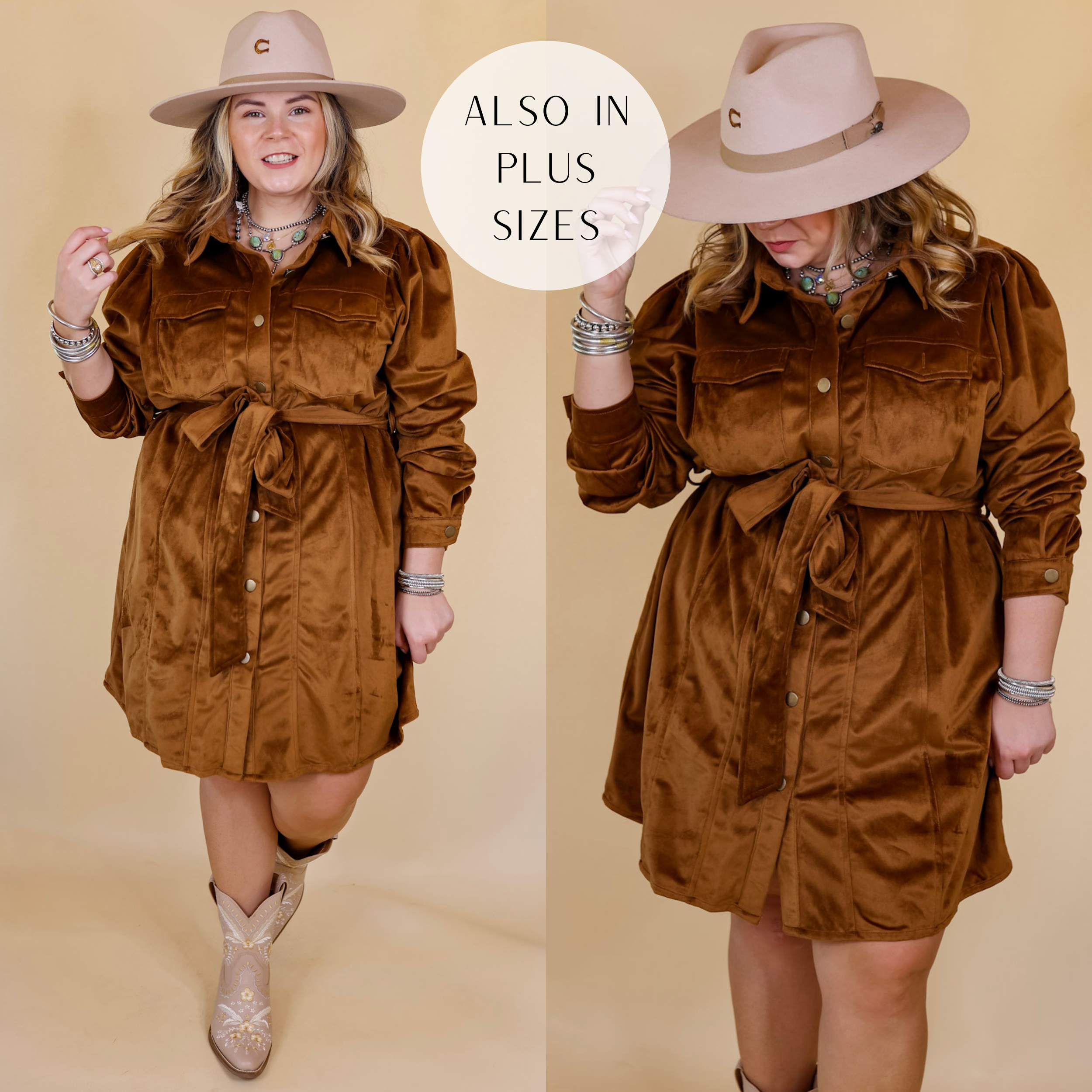 Model is wearing a suede button down dress with a waist tie in brown. Model has this dress paired with Navajo jewelry, tan boots, and a tan hat. Background is solid tan. 