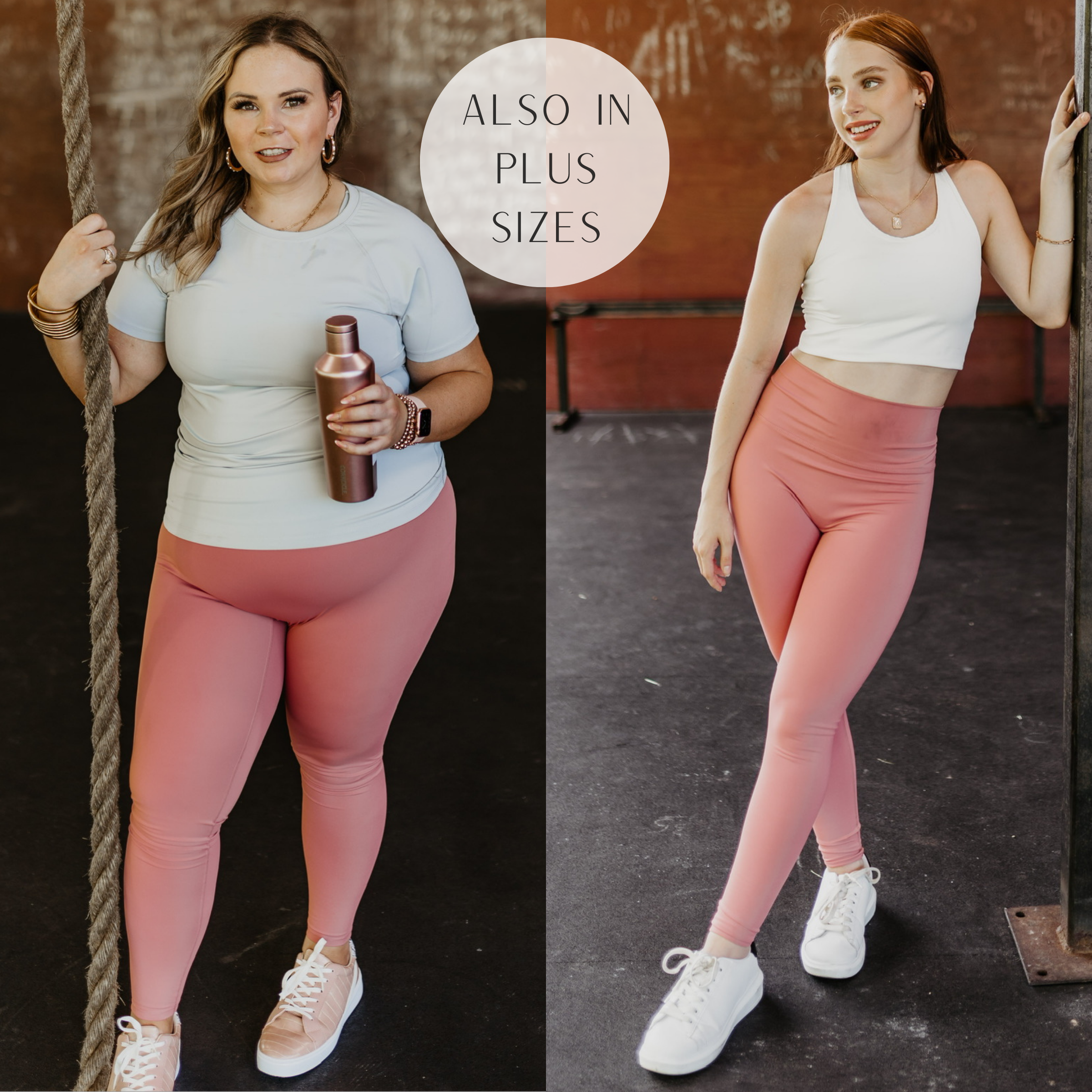 Models are wearing a pair of coral pink leggings. Size large model has it paired with a white top, white sneakers, and gold jewelry. Size small model has it paired with white sneakers, a white sports bra, and gold jewelry.