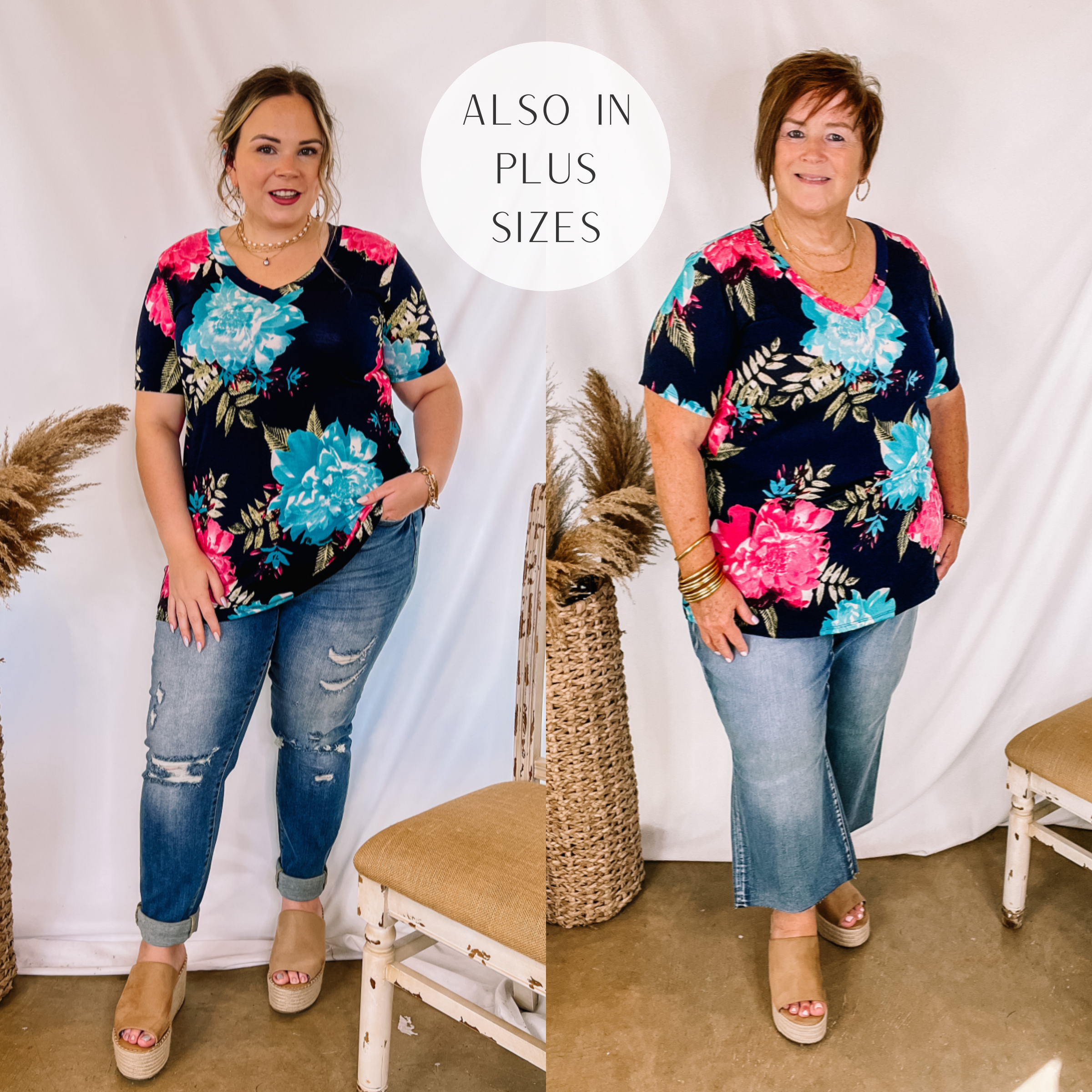Models are wearing a v-neck top with a floral print in navy blue. Large model has it paired with distressed denim jeans, tan wedges, and gold jewelry. Plus size model has it paired with cropped wide-leg jeans, tan wedges, and gold jewelry. 