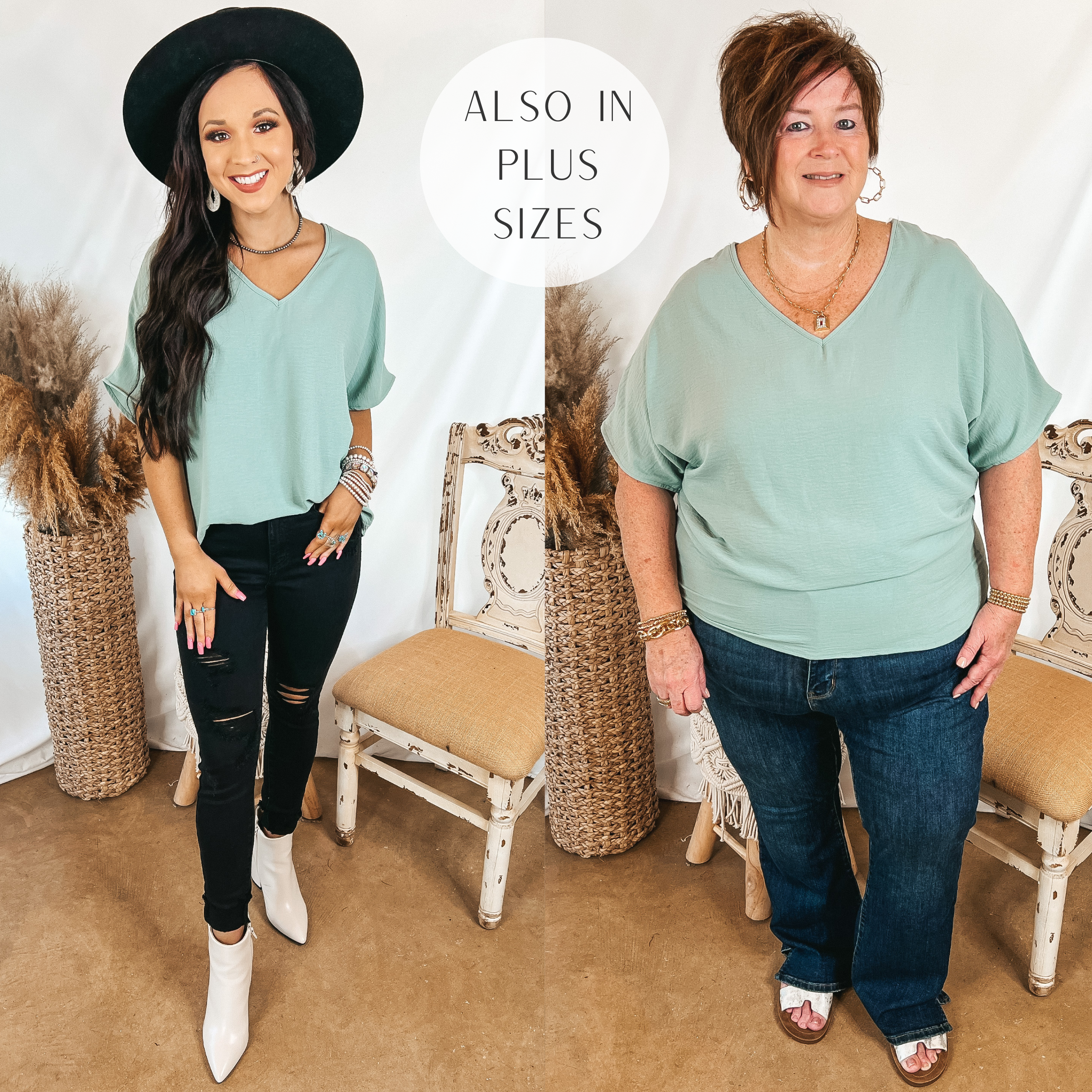 Models are wearing a mint blue v neck top that is oversized. Size small model has it paired with black skinny jeans, a black hat, and white booties. Plus size model has it paired with bootcut jeans, white sandals, and gold jewelry.