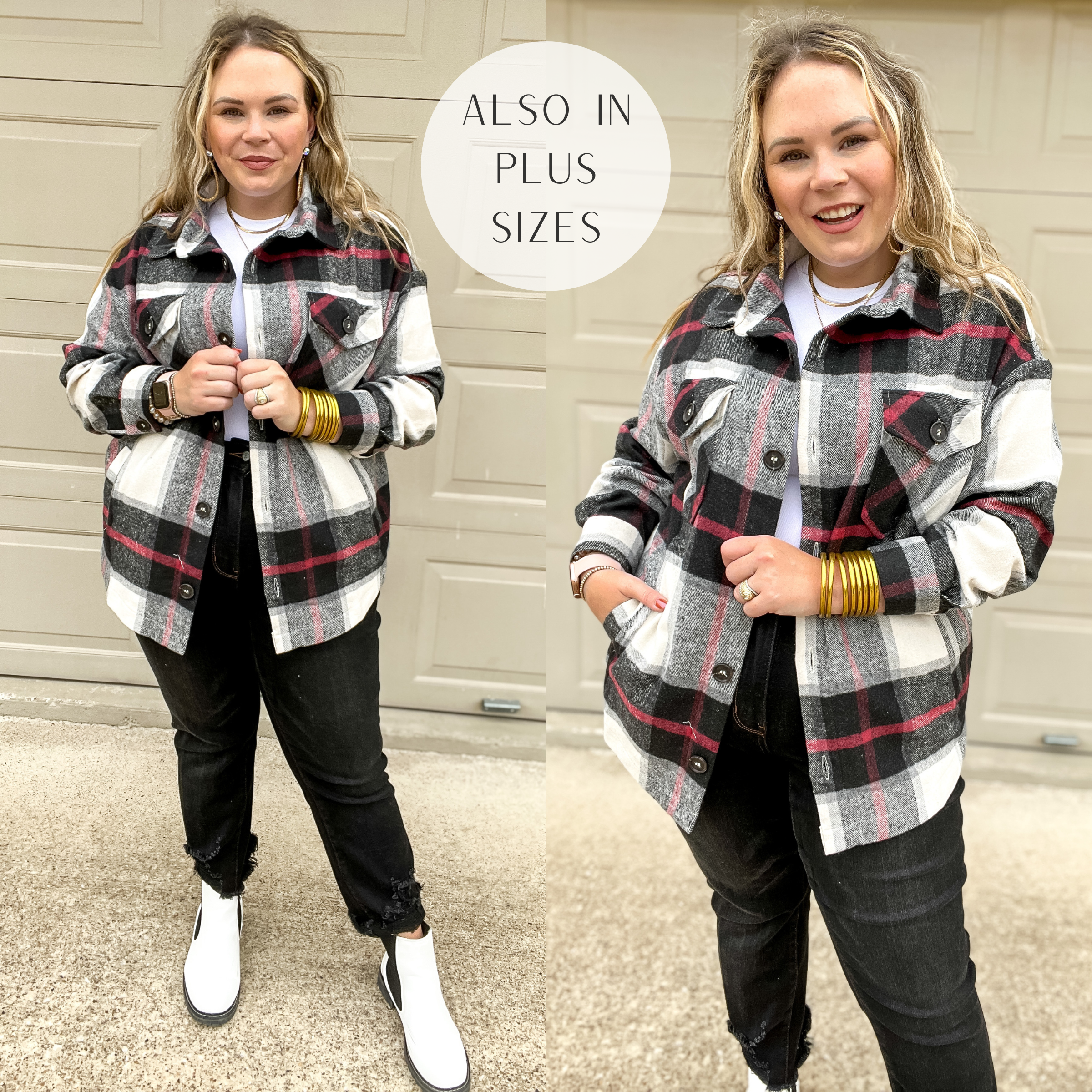 Model is wearing a black button up shacket that is plaid print. Model has it on over a white tank top with black jeans, white booties, and gold jewelry.