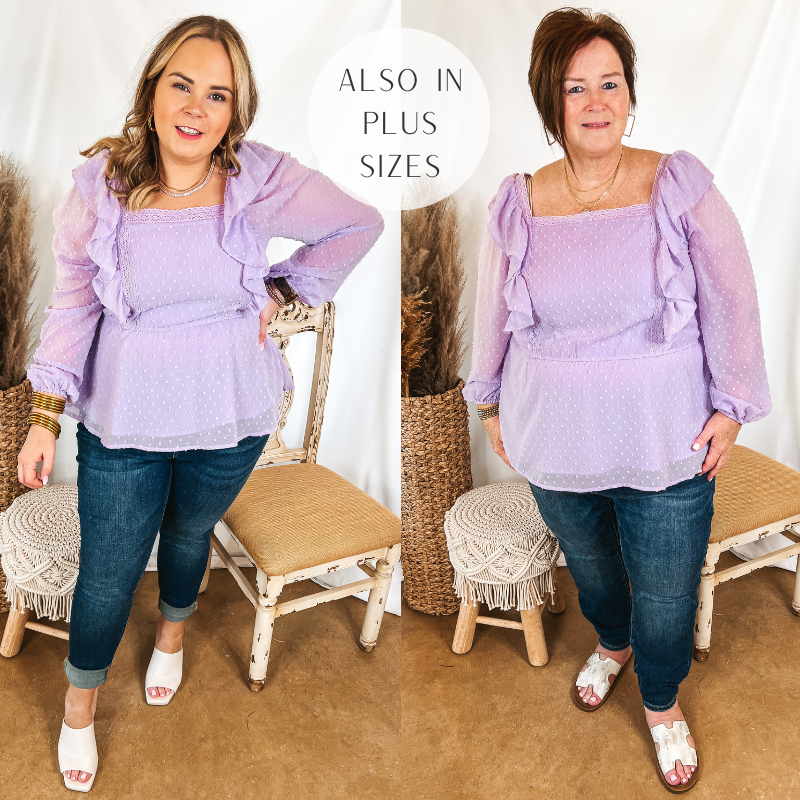 Models are wearing a lilac purple swiss dot blouse. Size large model has it paired with dark wash skinnies, white heels, and gold jewelry. Size large model has it paired with dark wash skinnies, white sandals, and gold jewelry.