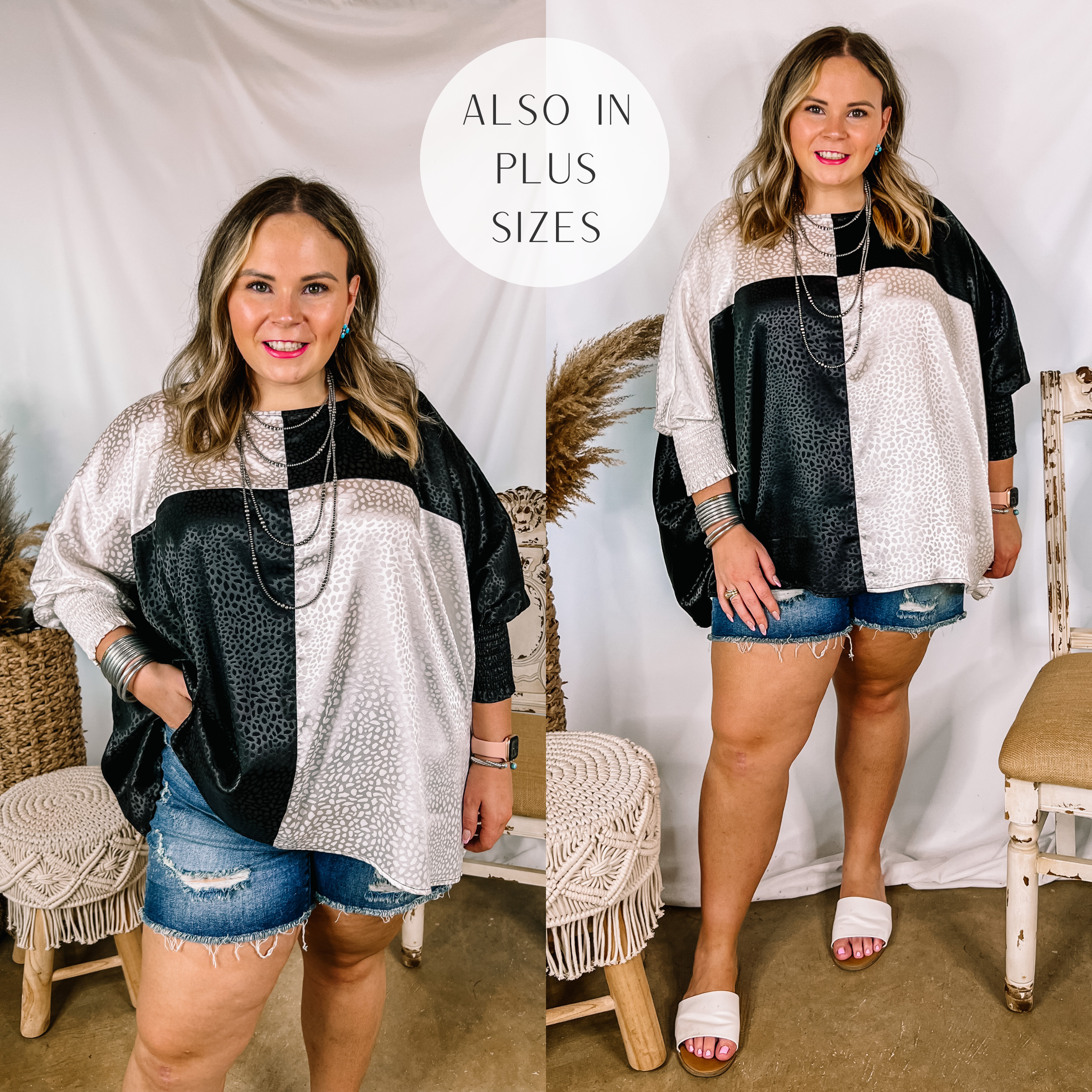 Model is wearing a black and white color block top that is a satin dotted print. Model has it paired with distressed denim shorts, white sandals, and silver jewelry.