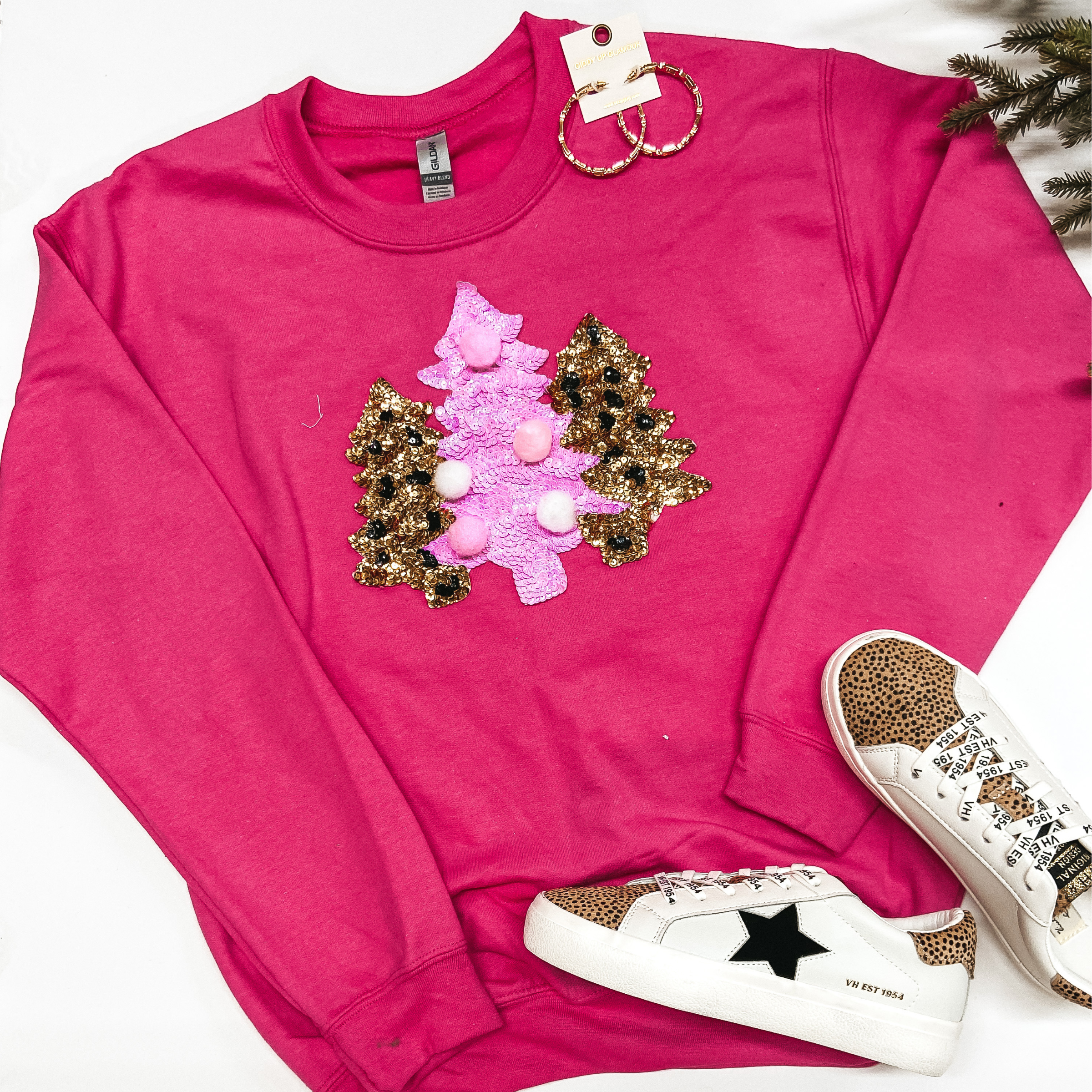All I Want For Christmas Sequin Christmas Tree Graphic Sweatshirt in Pink - Giddy Up Glamour Boutique
