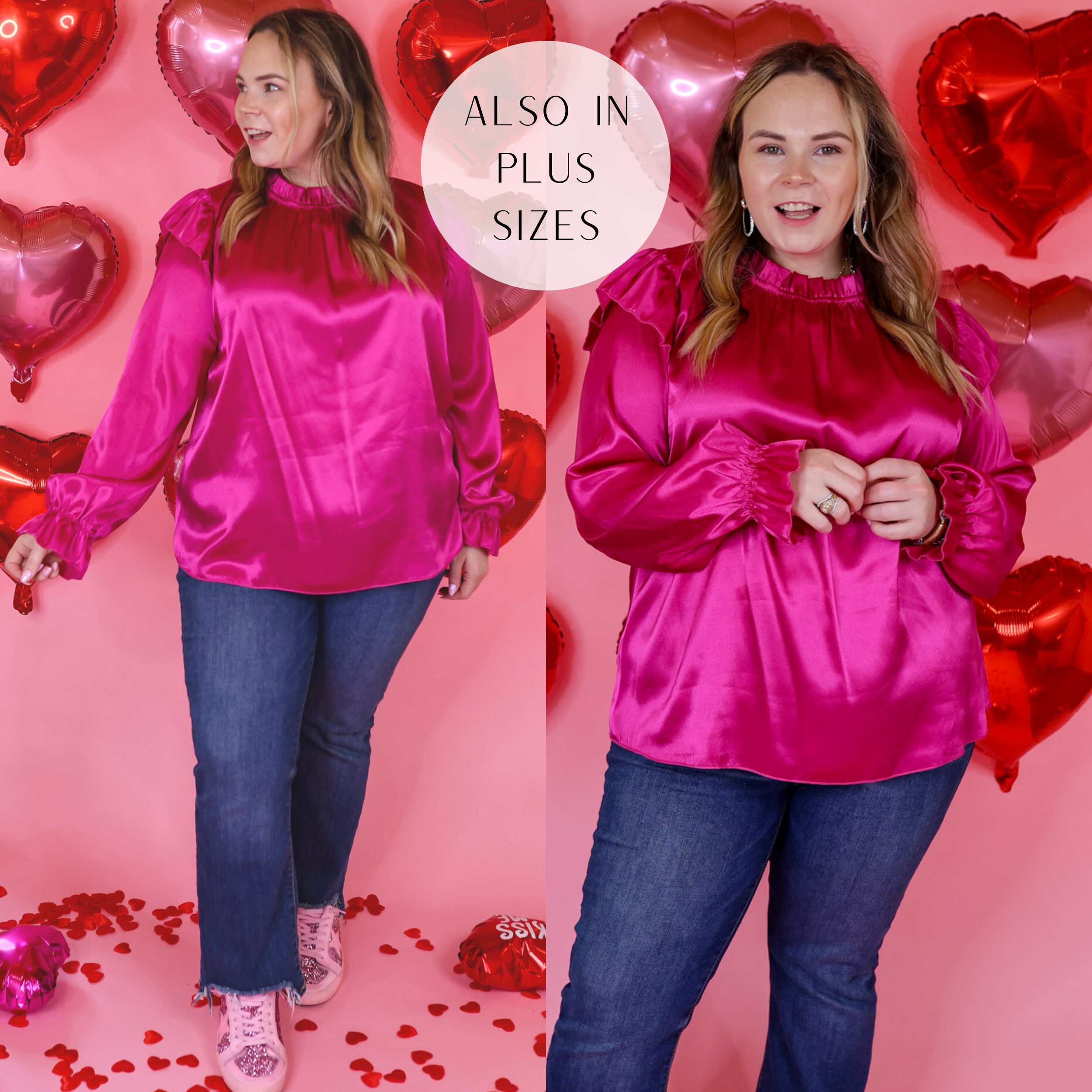 Model is wearing a long sleeve top with a mock neck in fuchsia pink. Model has this top paired with straight leg jeans, sneakers, and gold jewelry. Background is light pink with red heart balloons. 