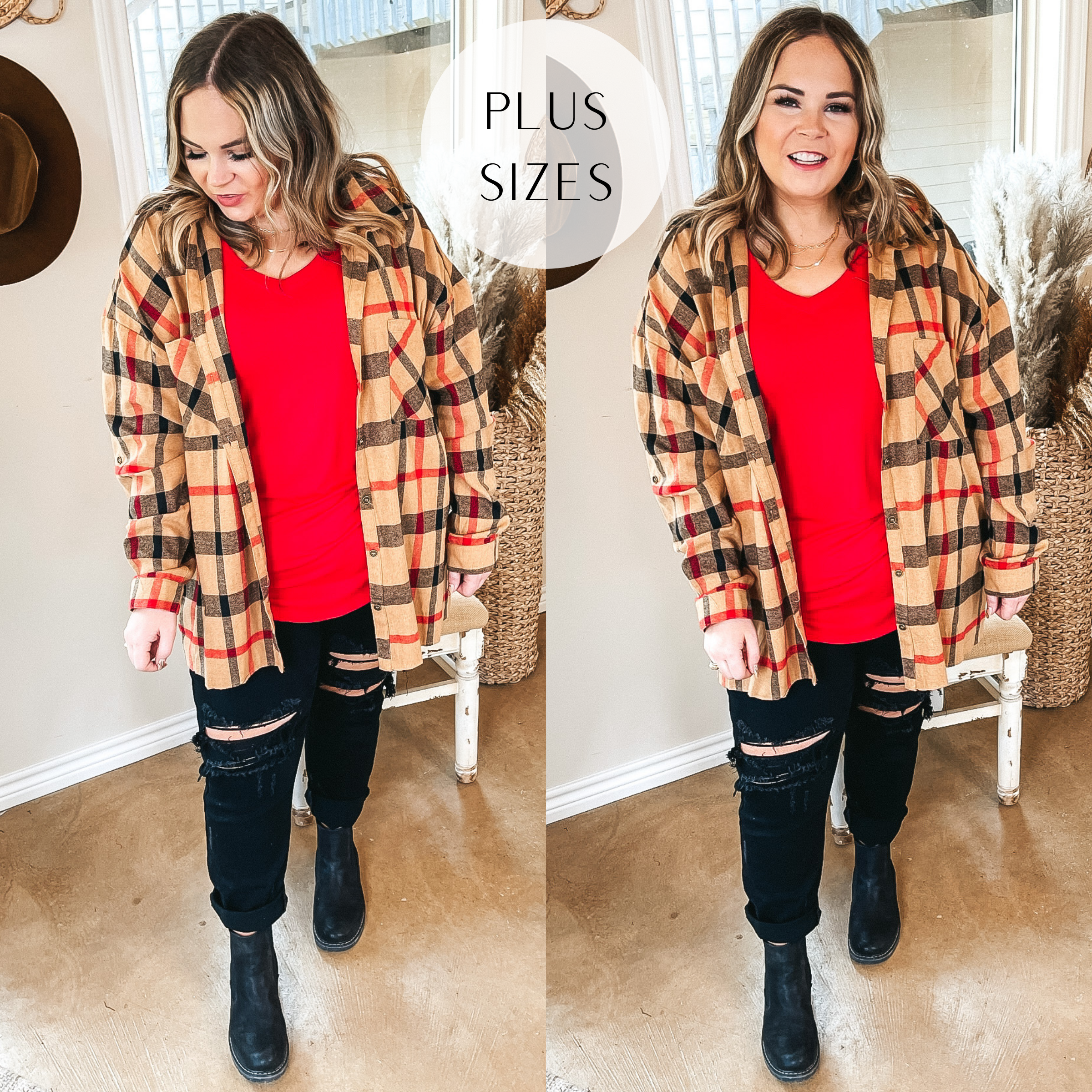 Model is wearing a plaid button up top open over a red tank top. Model has it paired with black distressed jeans, black booties, and gold jewelry.
