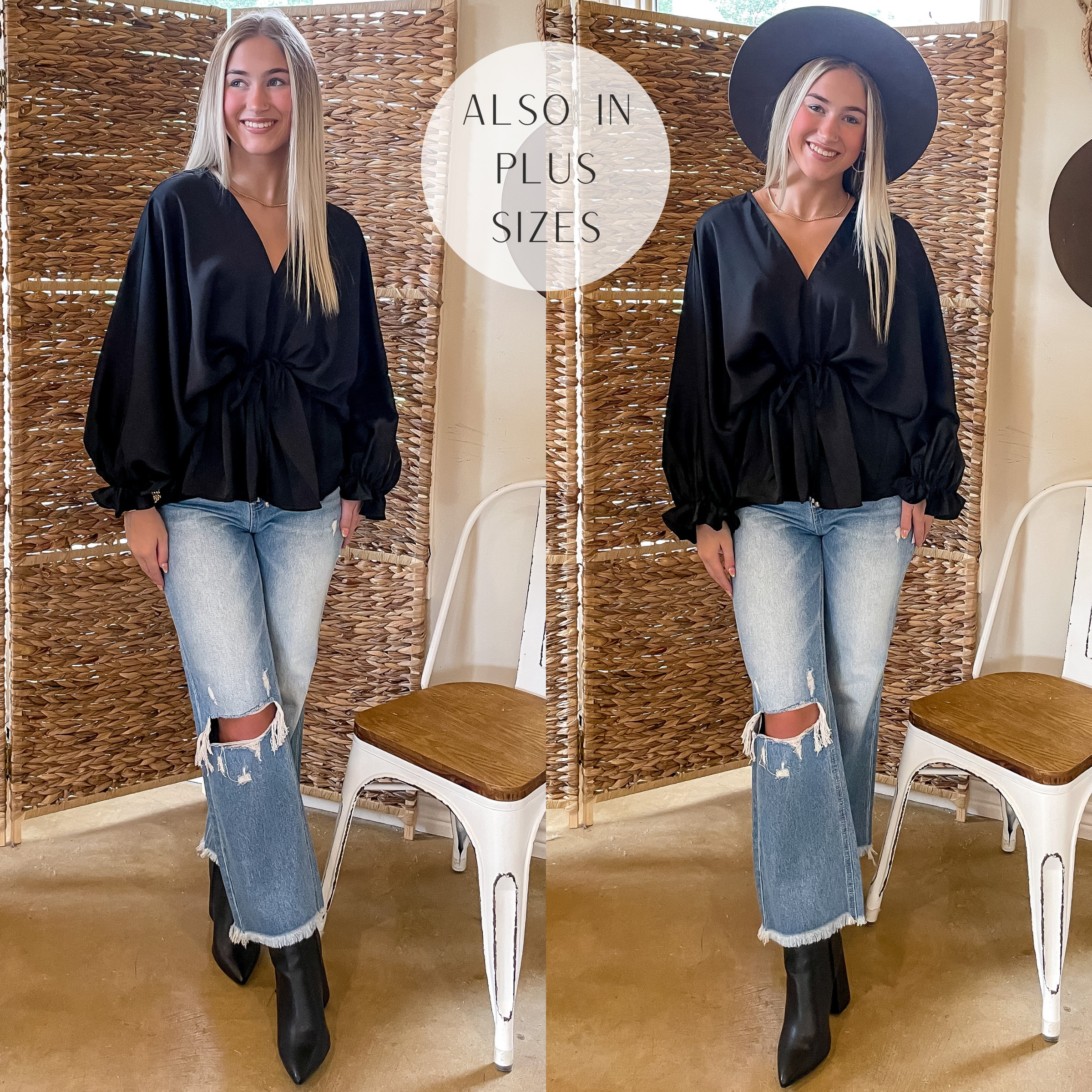 Stating Facts Satin Top with Drawstring Waist in Black - Giddy Up Glamour Boutique