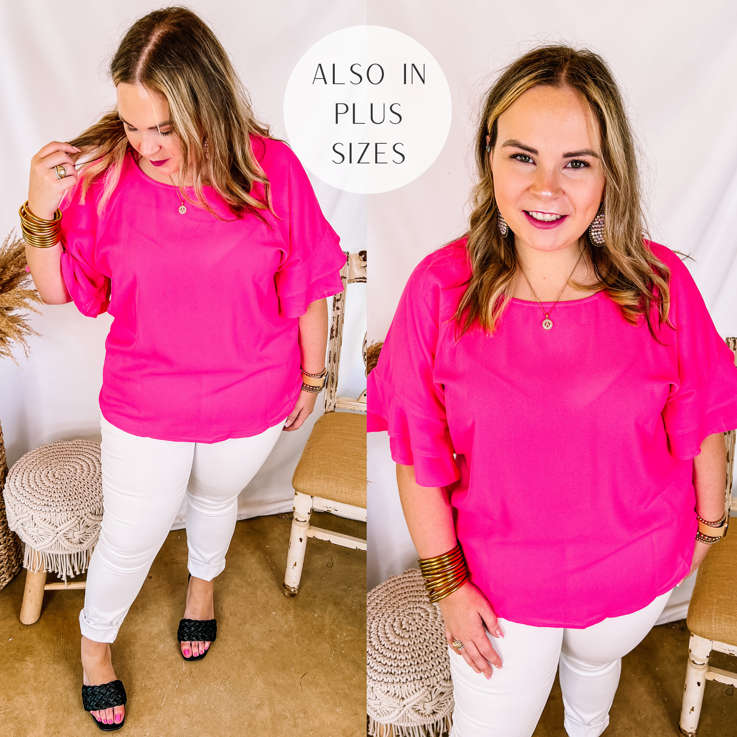 Model is wearing a plus size top that is hot pink with ruffle sleeves. Model has it paired with white skinnies, black heels, and gold jewelry.
