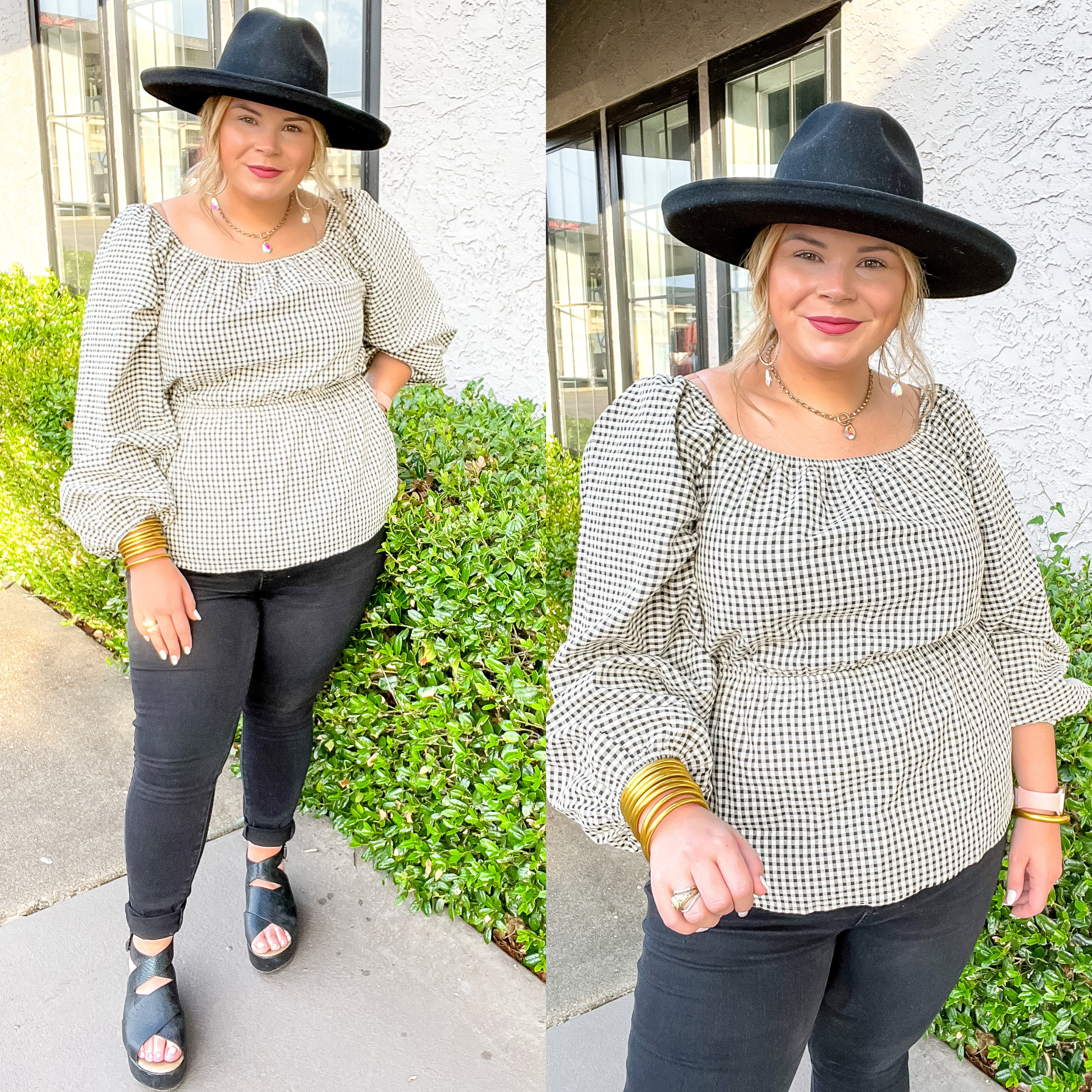 Model is wearing a long sleeve gingham top that is a peplum style with long sleeves. Model has it paired with black skinny jeans, black wedges, a black felt hat, and gold jewelry.