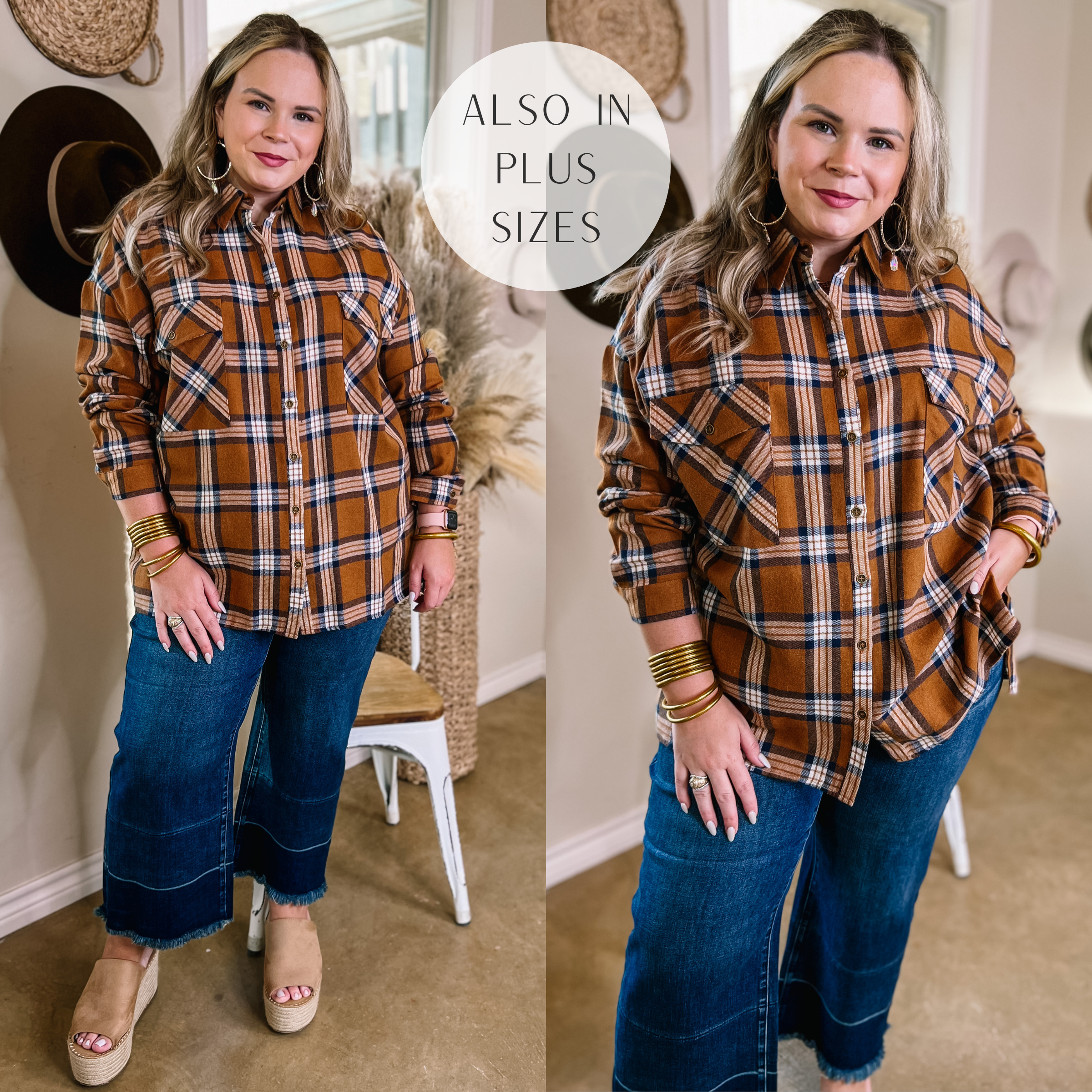 Model is wearing a camel brown flannel plaid top. Model has it paired with cropped wide leg jeans, tan wedges, and gold jewelry.