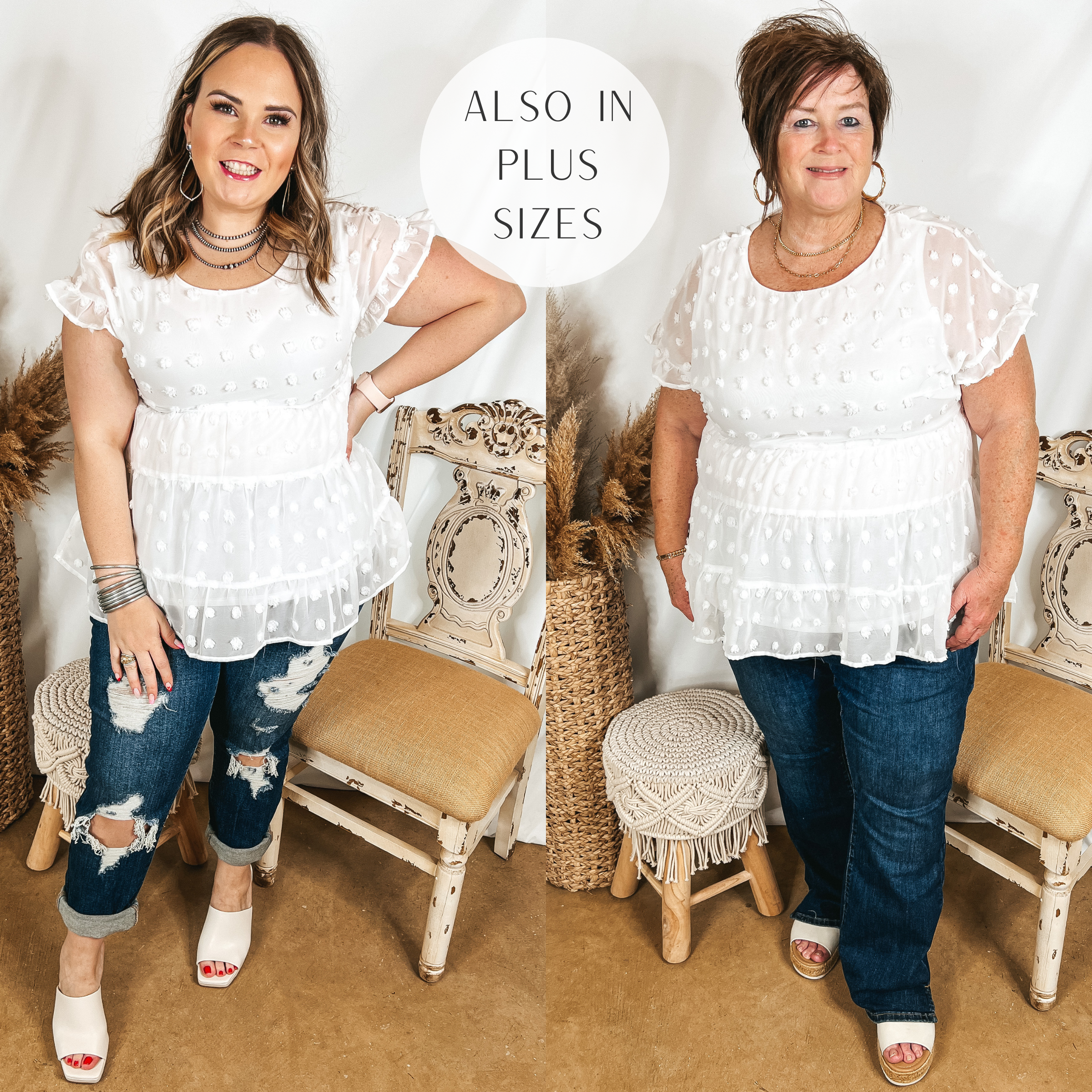 Models are wearing a white swiss dot blouse. Size large model has it paired with white heels and dark wash boyfriend jeans. Plus size model has it paired with bootcut jeans and white sandals.