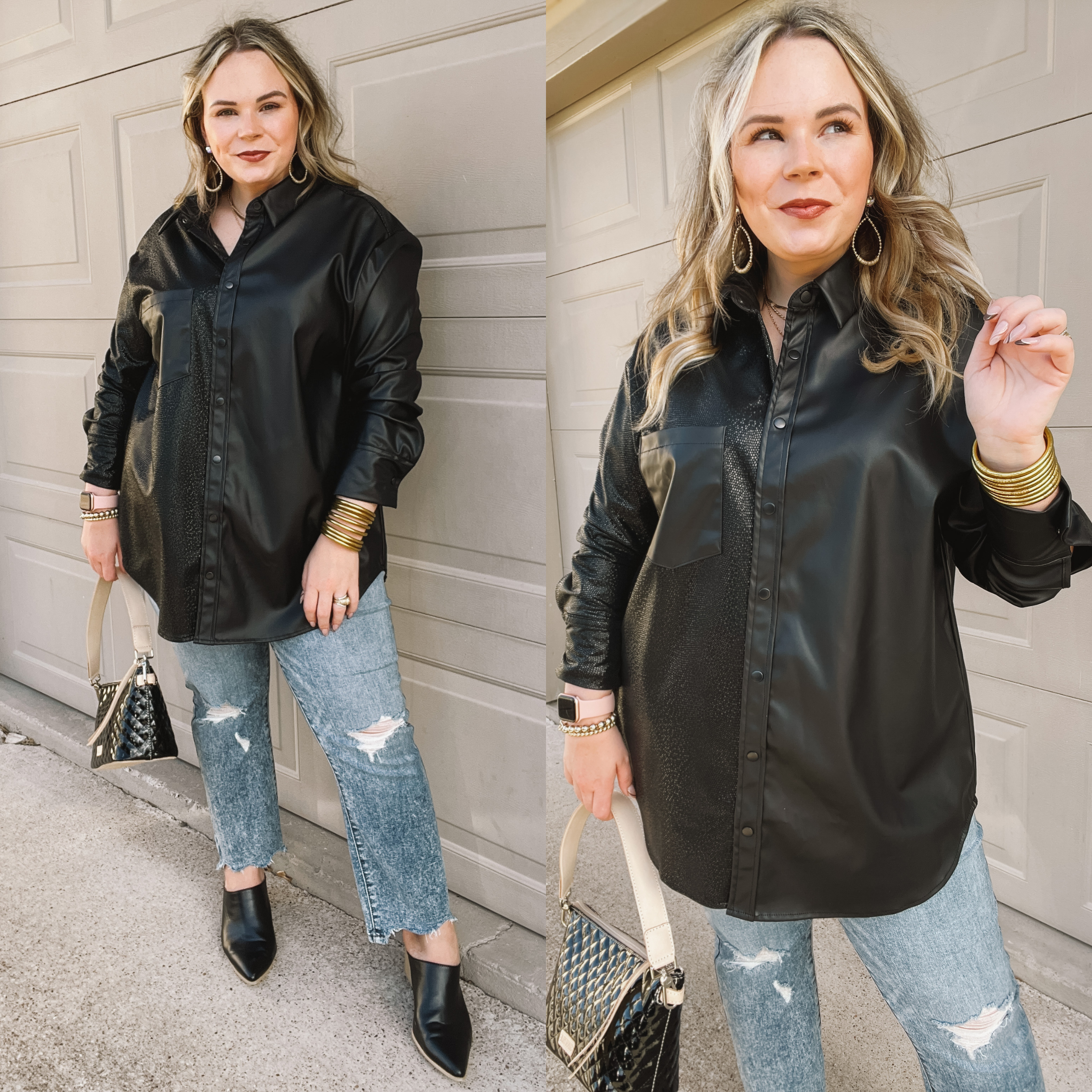 Model is wearing a button up faux leather long sleeve top. Model has it paired with distressed boyfriend jeans, black mules, and gold jewelry.