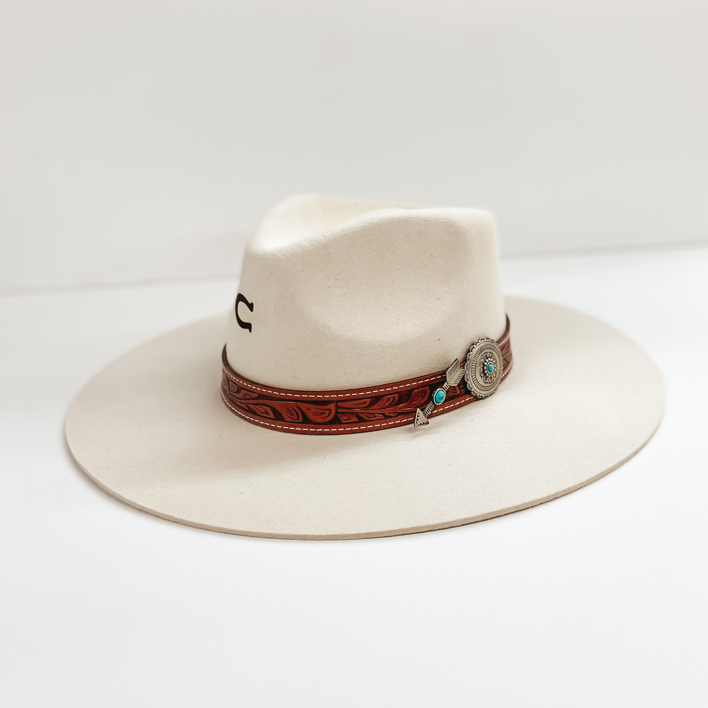 Charlie 1 Horse | White Sands Wool Felt Hat with Leather Tooled Band and Silver Concho in Ivory - Giddy Up Glamour Boutique