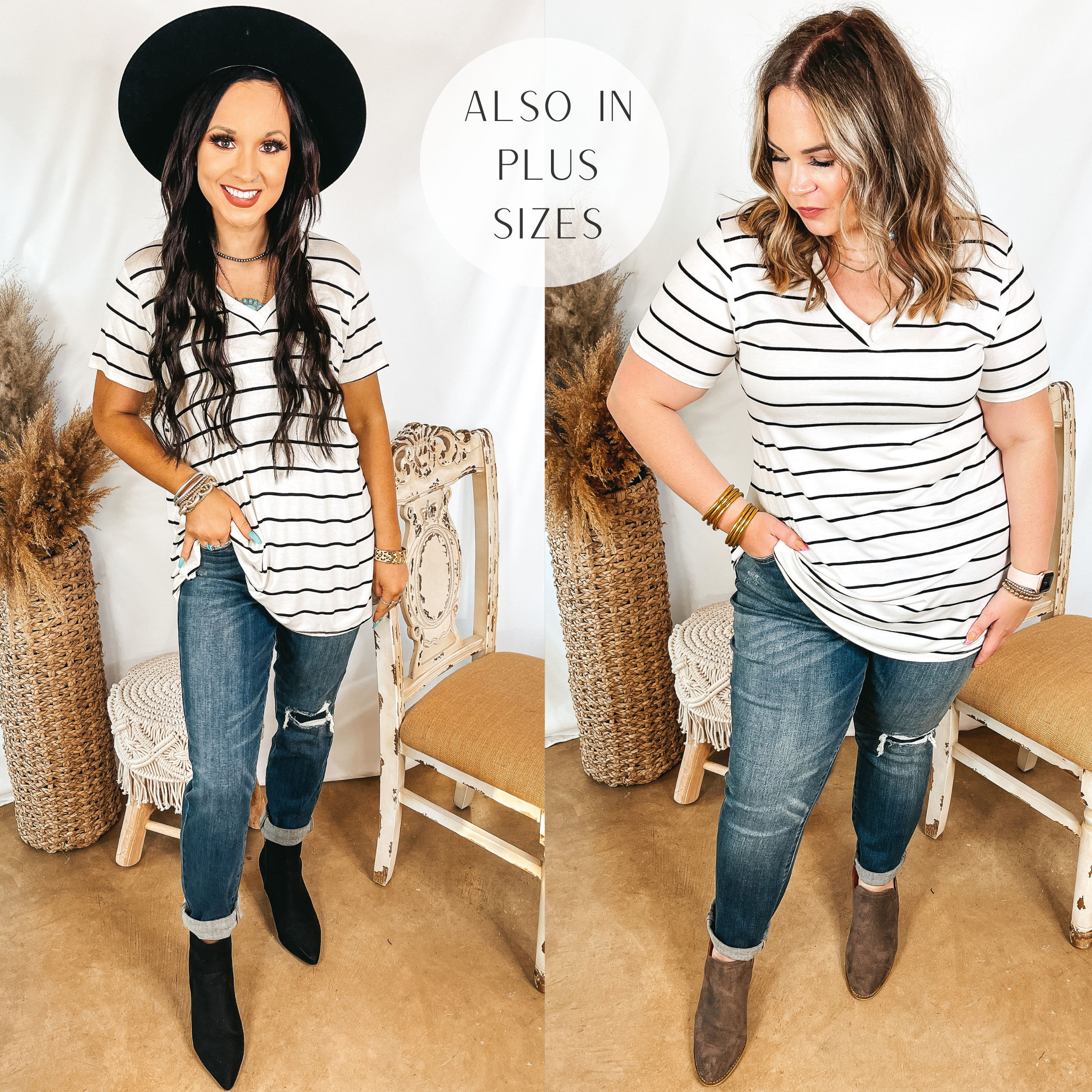 Models are wearing an ivory v neck top with black stripes. Both models have it paired with medium wash patch pocket boyfriend jeans. Size small model has it paired with black booties and a black hat. Size large model has it paired with black booties and gold jewelry.