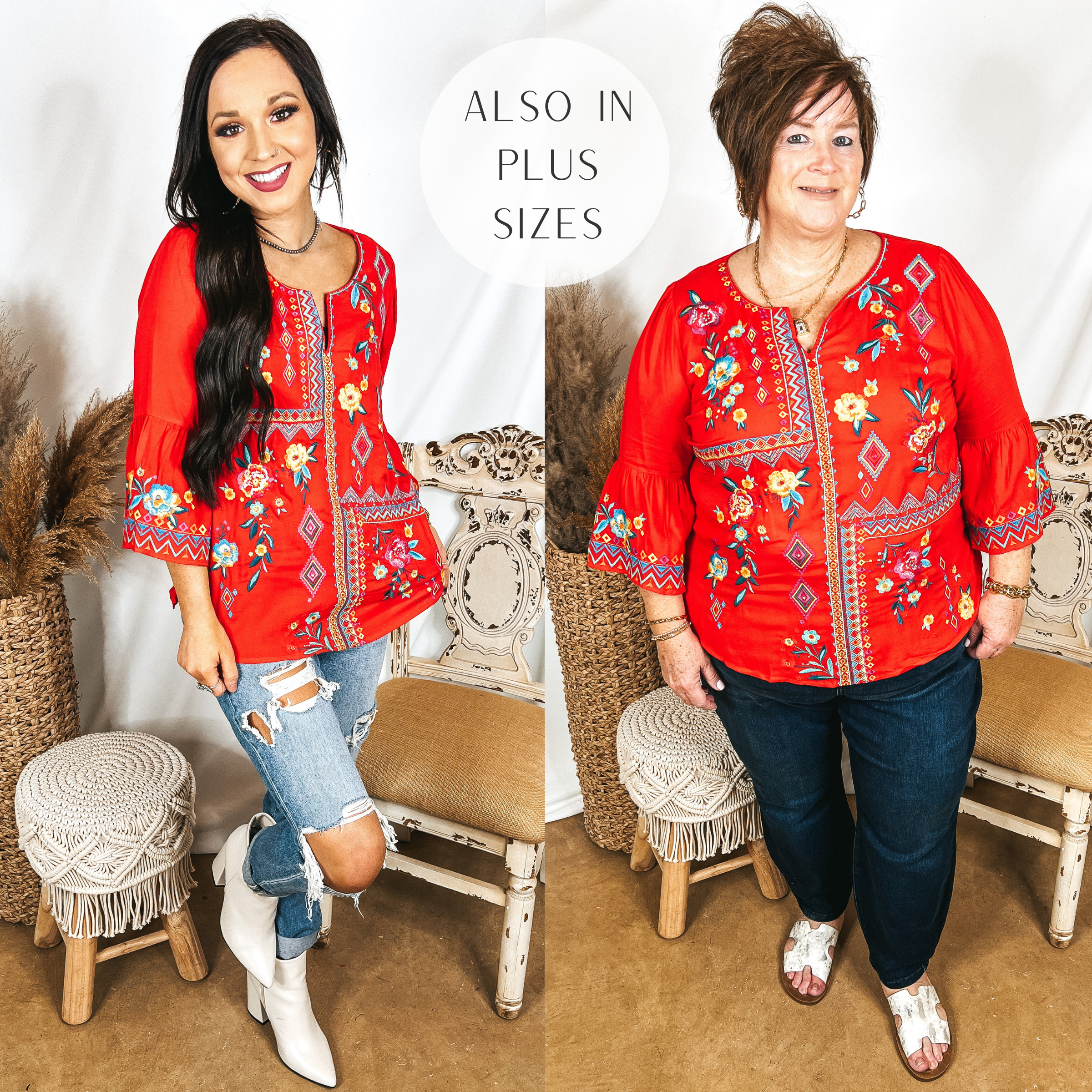 Models are wearing a red top with 3/4 sleeves and embroidery on the front. Size small model has it paired with distressed jeans, white booties, and silver jewelry. Plus size model has it paired with dark wash skinny jeans, white sandals, and gold jewelry.