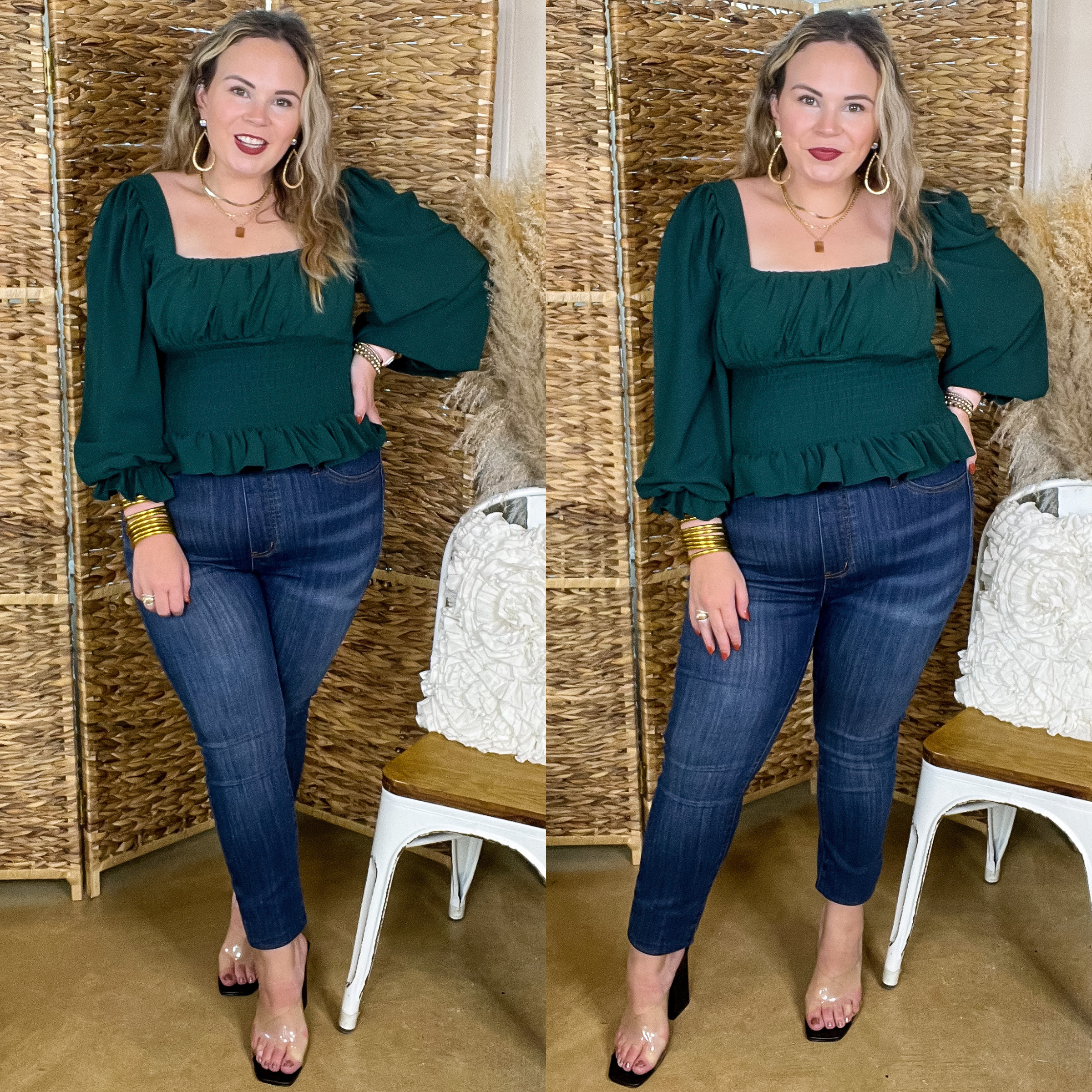 Model is wearing a green top with a smocked bodice, square neck, long sleeves, and a peplum hemline. Model has it paired with skinny jeans, black heels, and gold jewelry.