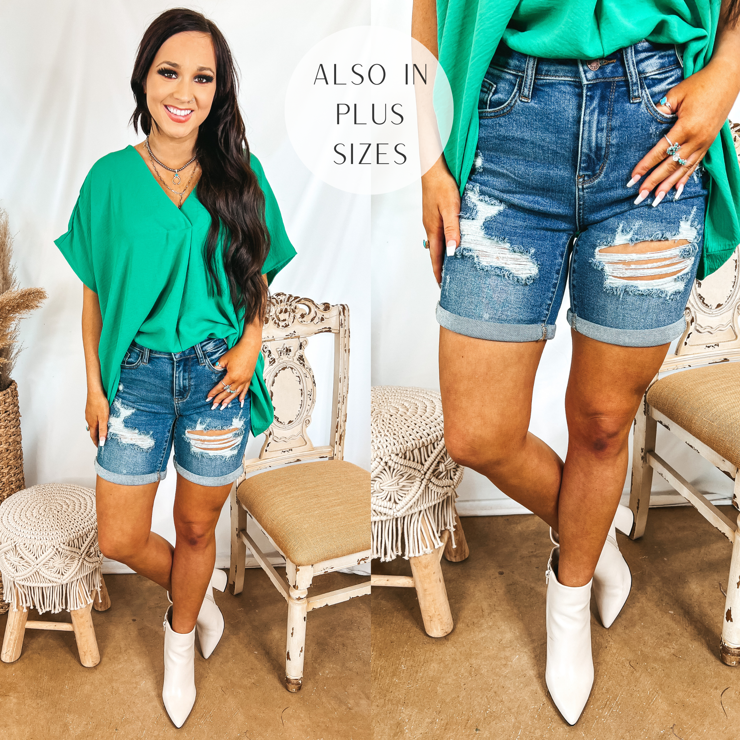 Judy Blue | Let's Go Everywhere Distressed Mid Thigh Shorts in Medium Wash - Giddy Up Glamour Boutique