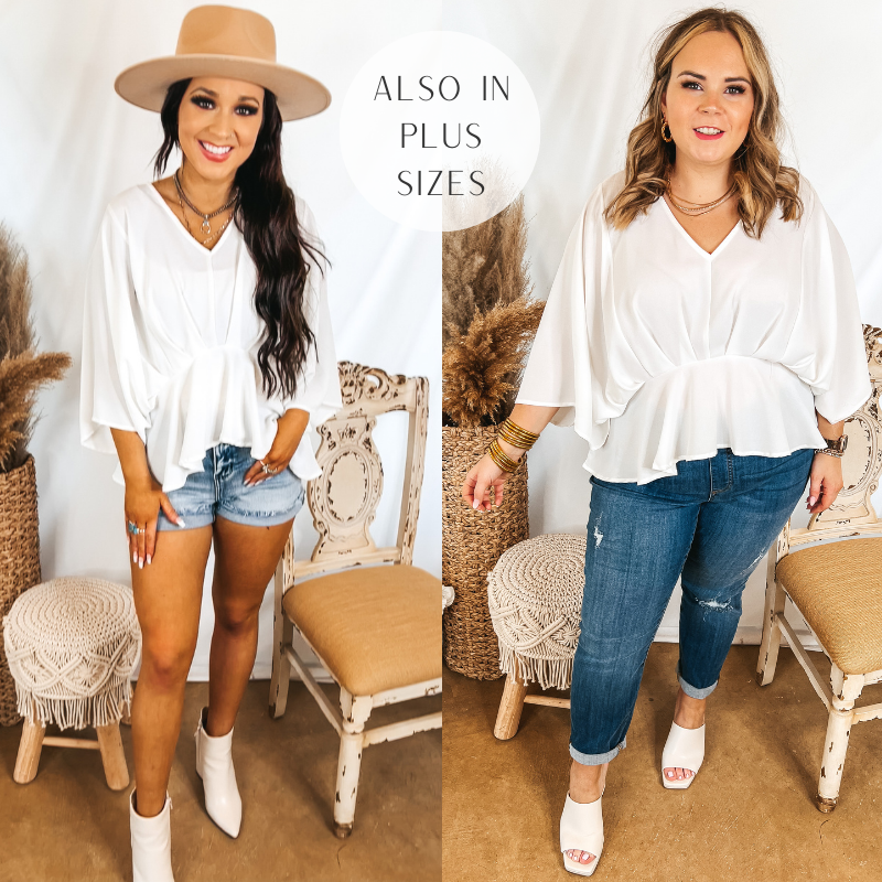 Models are wearing a white peplum blouse that has a v neckline. SIze small model has it paired with denim shorts, white booties, and a tan hat. SIze large model has it paired with white heels, distressed jeggings, and gold jewelry.