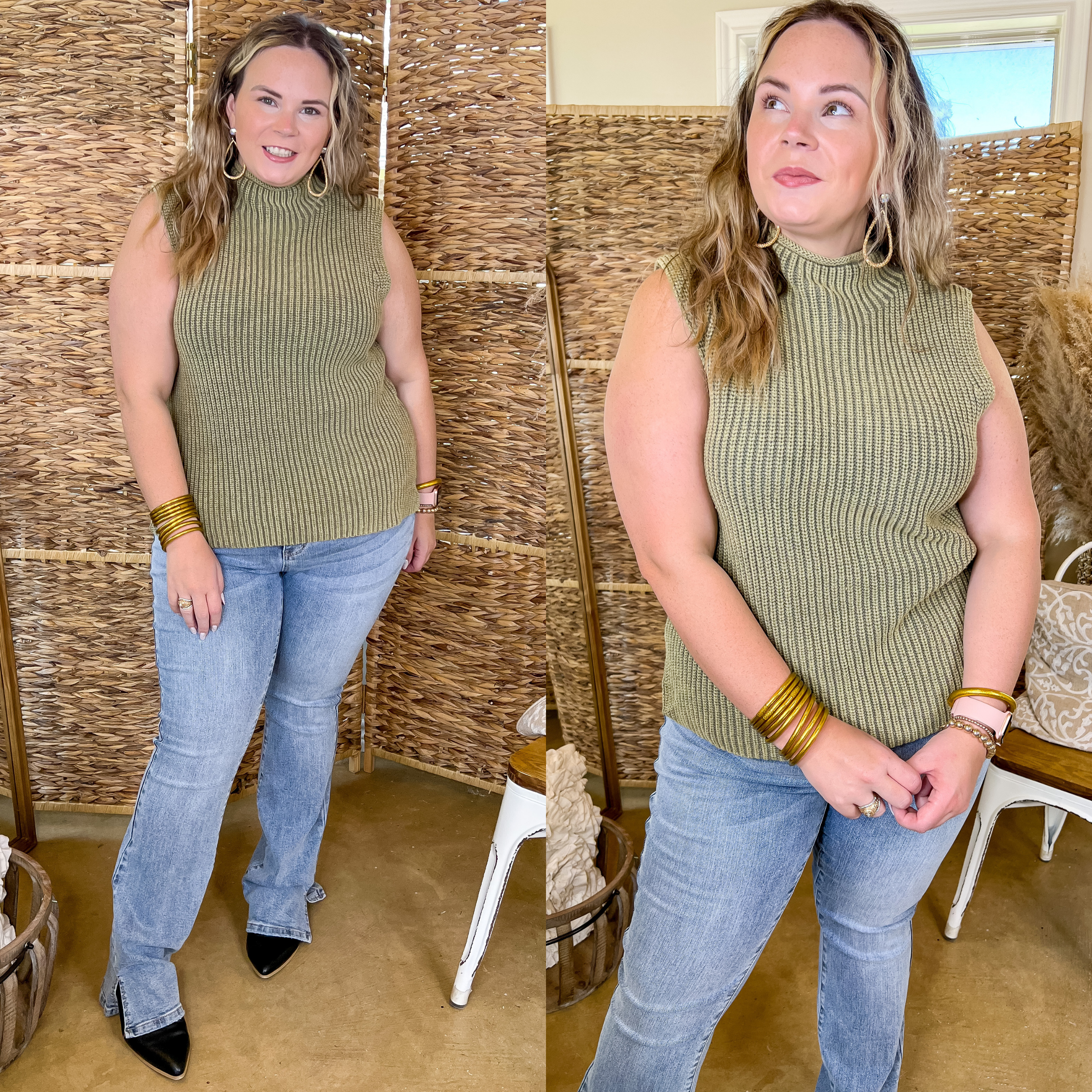 Model is wearing a green turtle neck sweater with light-wash jeans with a split hem around the ankle. Model has this outfit paired with black booties and gold jewelry. 