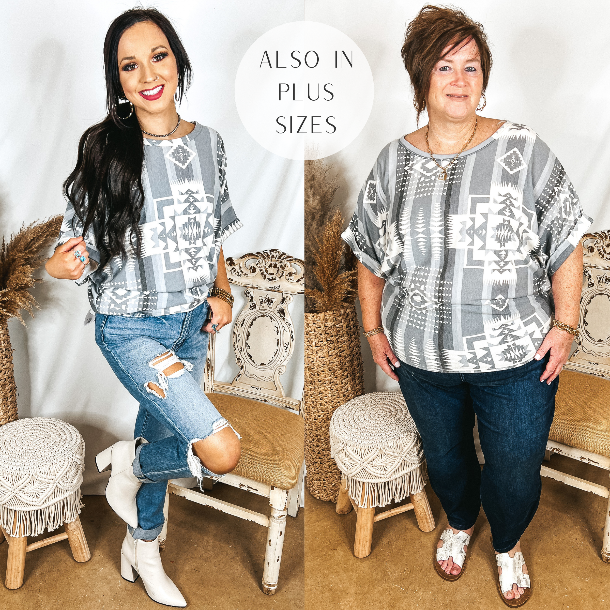 Size small model has it paired with light wash distressed jeans, white booties, and silver jewelry. Plus size model has it paired with dark wash jeans, white sandals, and gold jewelry.