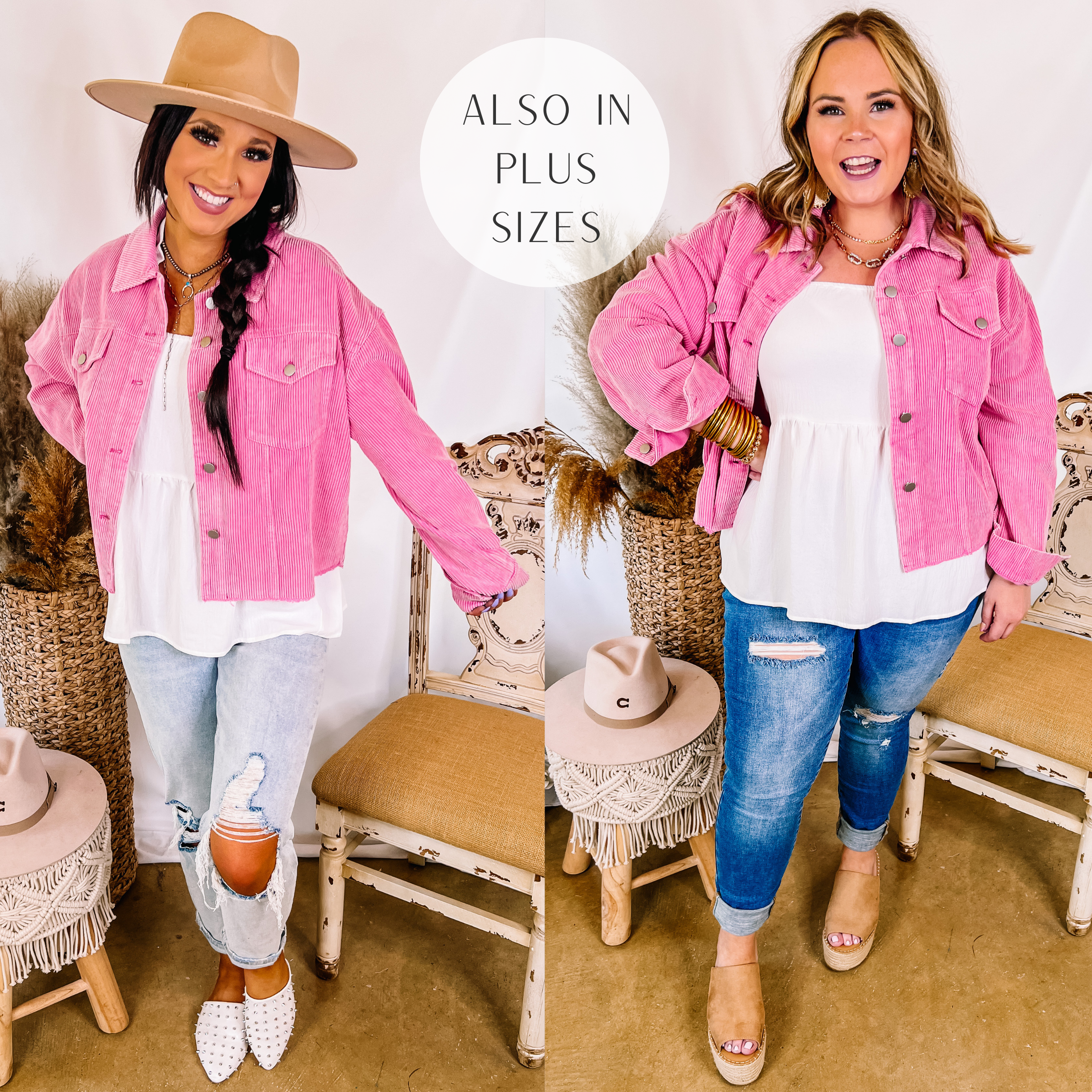 Models are wearing a pink corduroy jacket that has a raw hem. Both models have it on over a white tank top. Size small model has it paired with light wash boyfriend jeans, white mules, and a tan hat. Size large model has it paired with distressed skinny jeans, tan wedges, and gold jewelry.