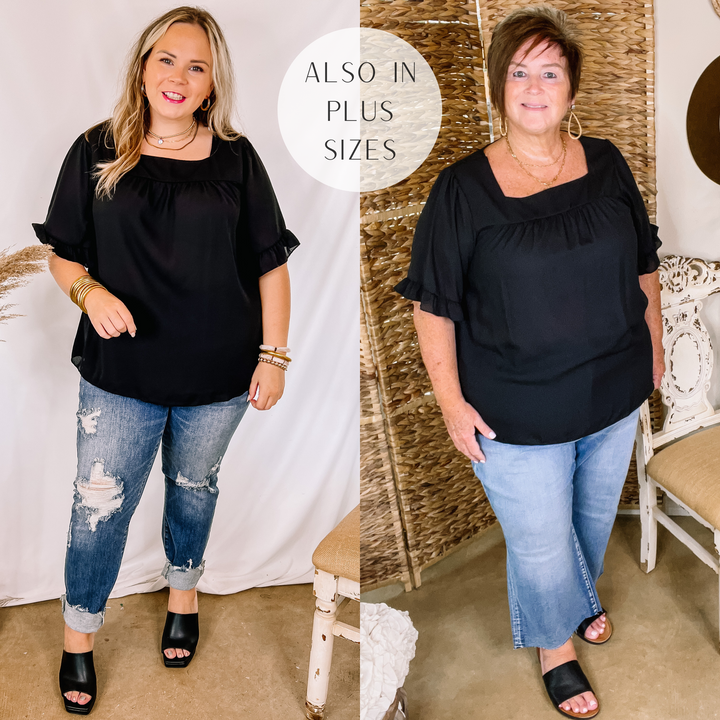 Model is wearing a black square neck top with ruffle short sleeves. Model has it paired with distressed skinny jeans, black heels, and gold jewelry.