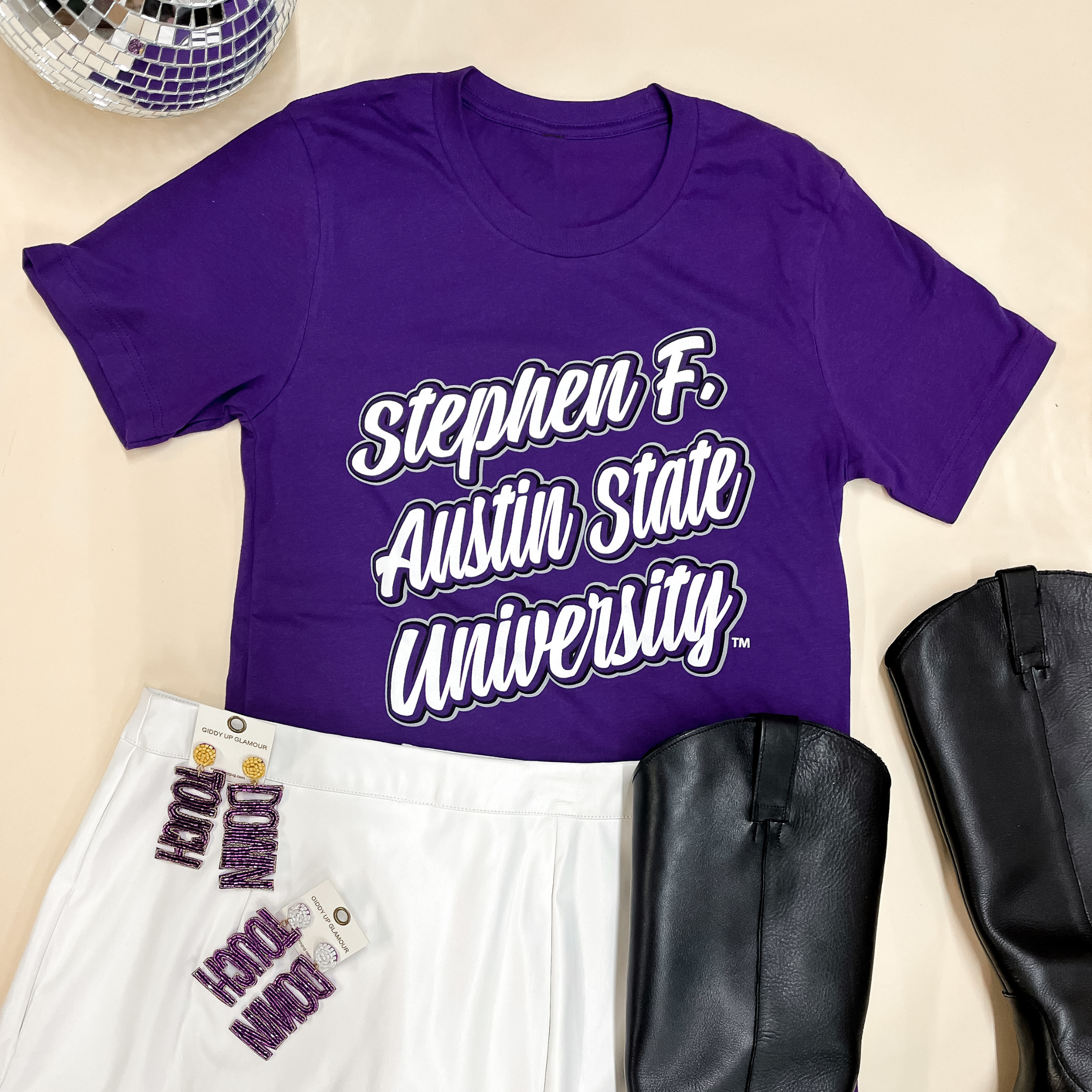 Lumberjack Game Day | Stephen F. Austin State University Short Sleeve Graphic Tee in Purple - Giddy Up Glamour Boutique