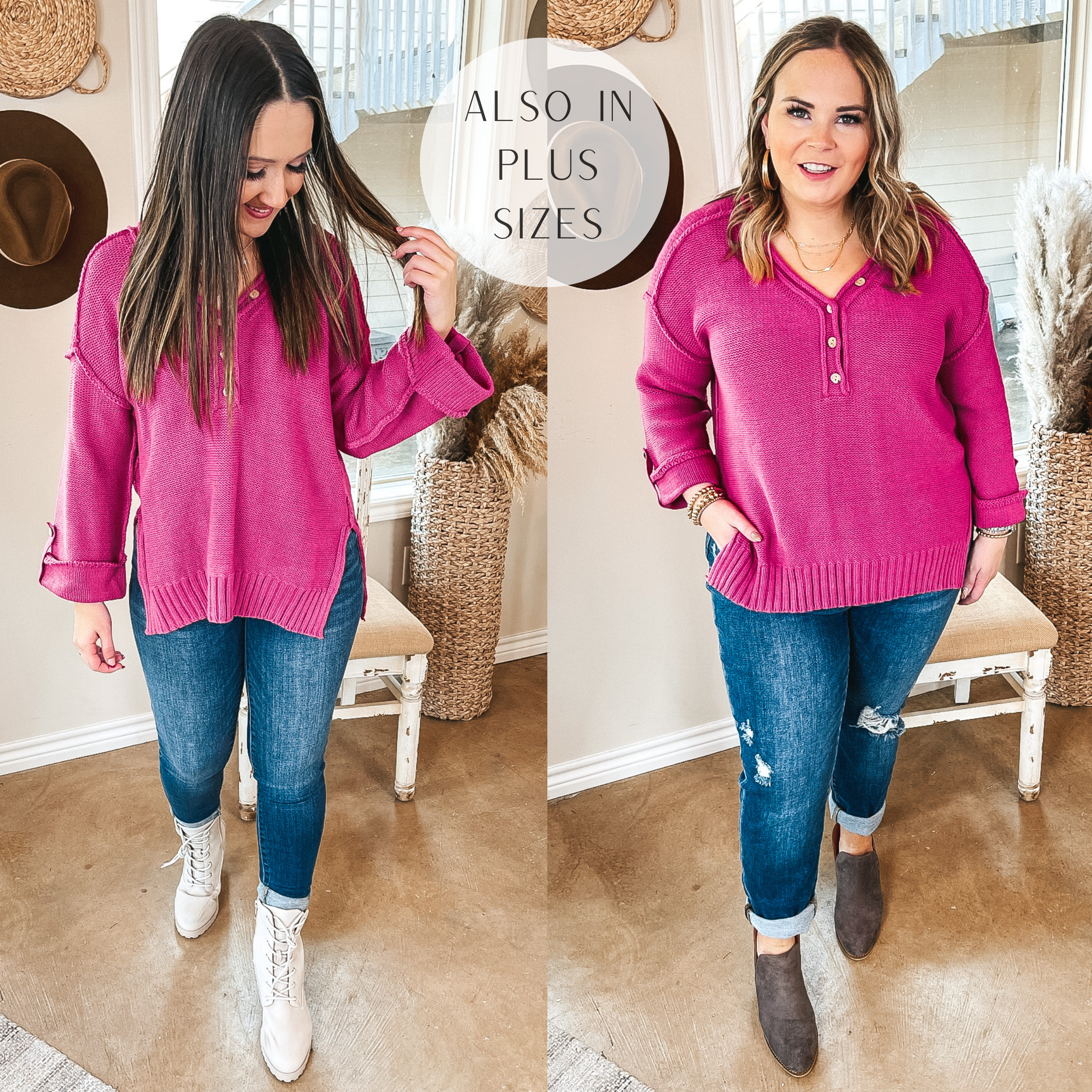 Latte Kinda Day Henley V Neck Sweater with Wide Sleeves in Magenta - Giddy Up Glamour Boutique