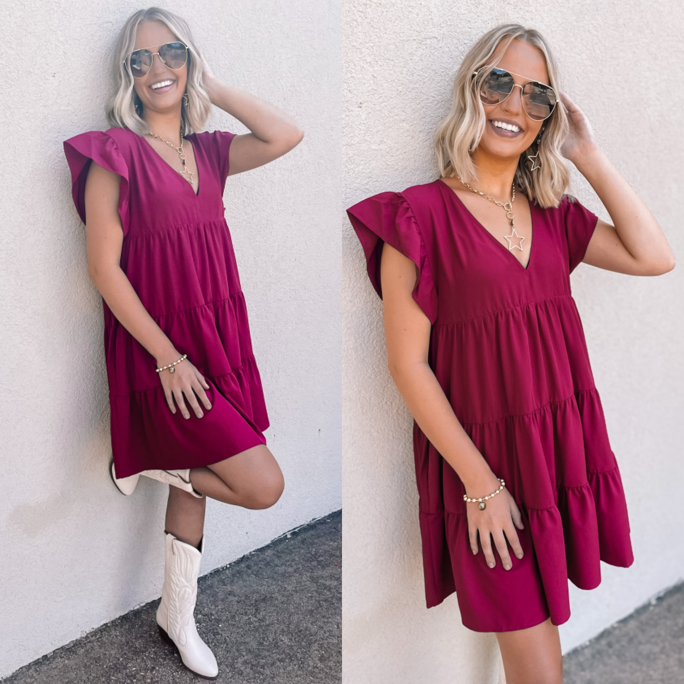 Model is wearing a maroon dress with ruffle cap sleeves and a v neckline. Model has it paired with white boots, gold jewelry, and brown sunglasses.