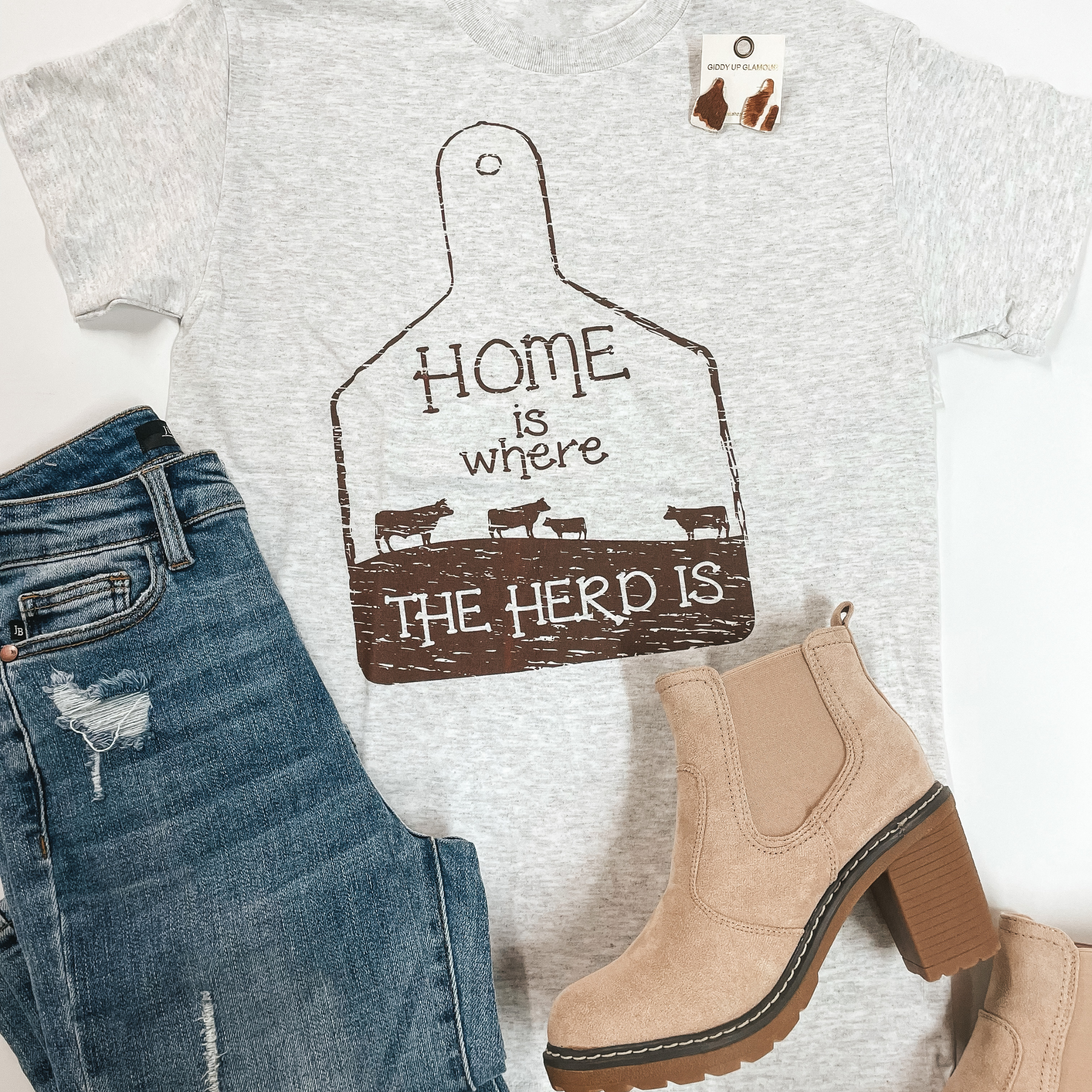 Home Is Where The Herd Is Short Sleeve Graphic Tee in Heather Grey - Giddy Up Glamour Boutique