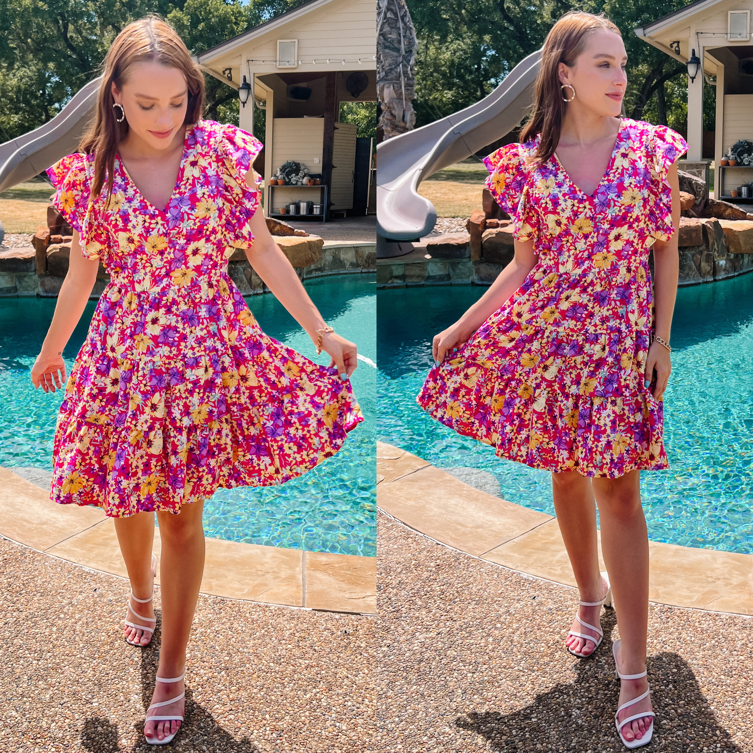 Blooming Beauty Floral V Neck Dress with Ruffle Cap Sleeves in Pink - Giddy Up Glamour Boutique