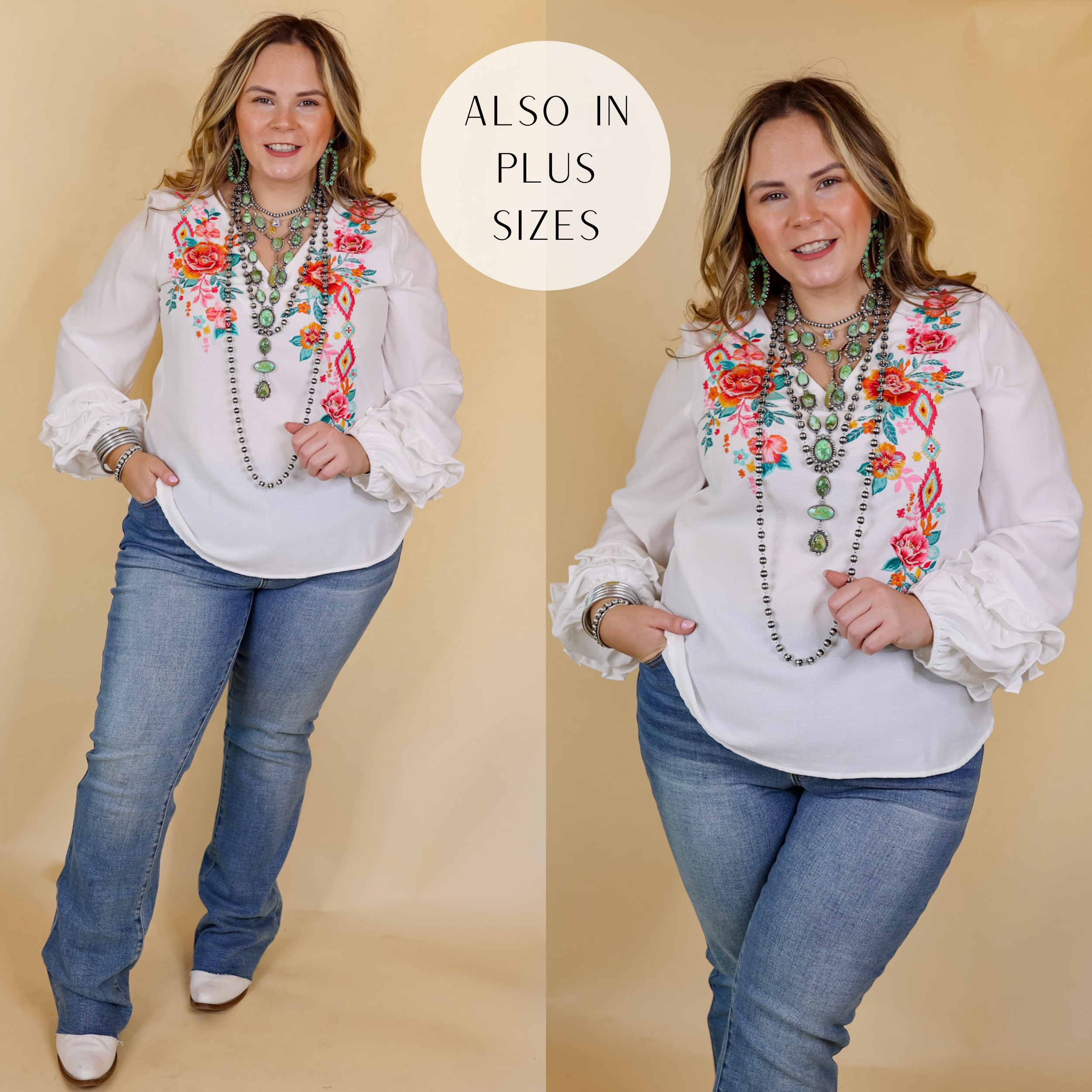 Model is wearing a long sleeve floral embroidered top with long sleeves that ruffle at the wrist in white. Model has this top paired jeans, boots, and Navajo jewelry. 