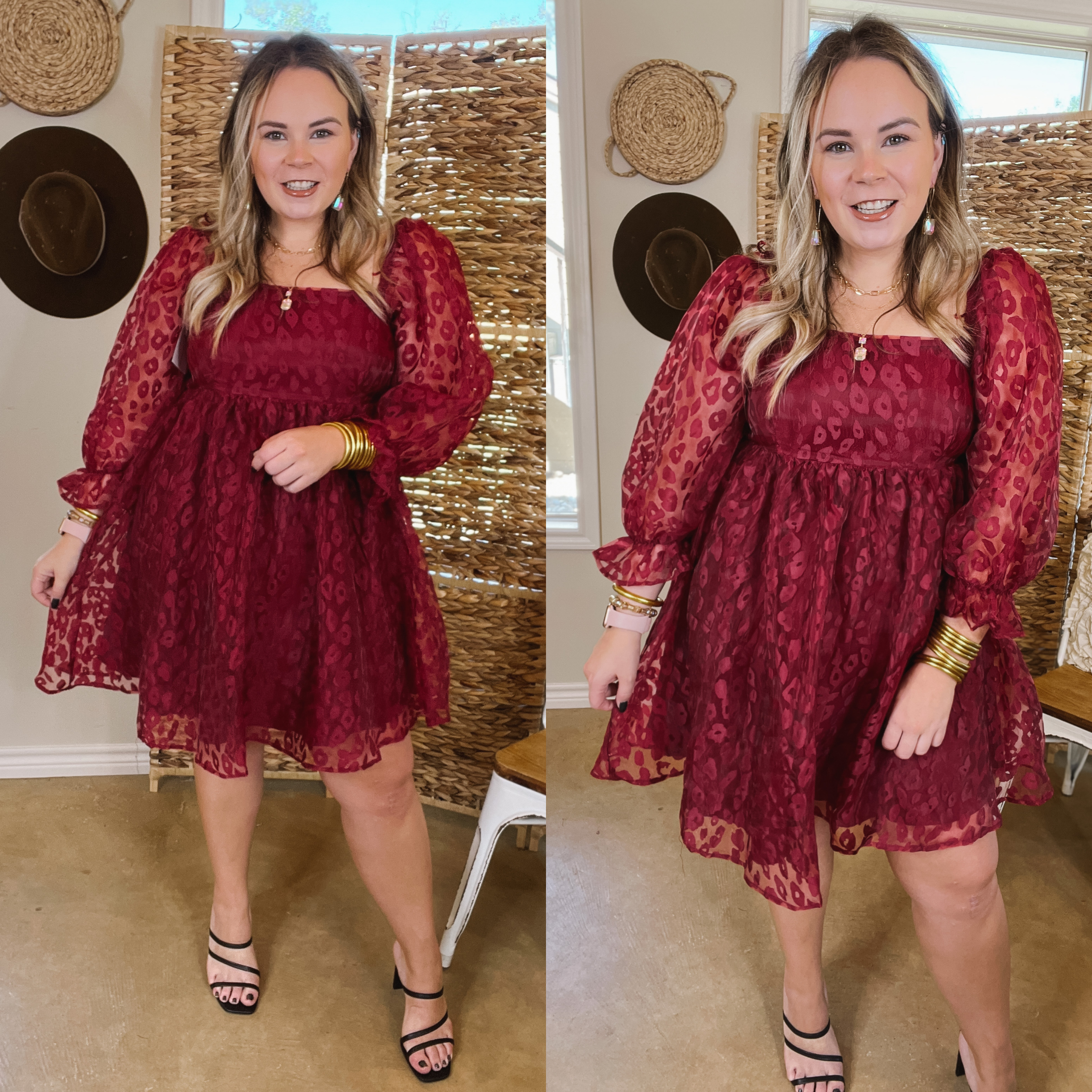 Whirl The Night Away Sheer Leopard Print Dress with 3/4 Sleeves in Maroon