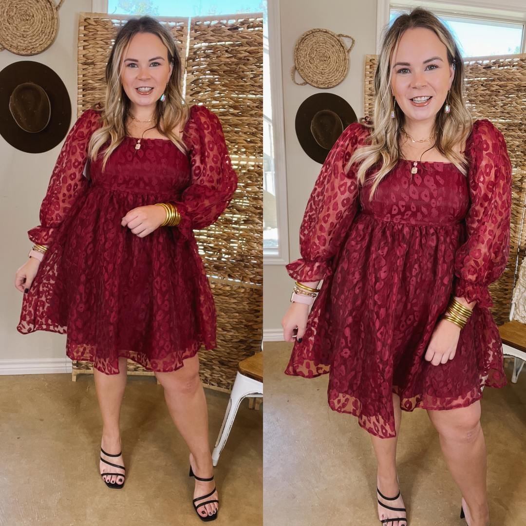 Whirl The Night Away Sheer Leopard Print Dress with 3/4 Sleeves in Maroon - Giddy Up Glamour Boutique