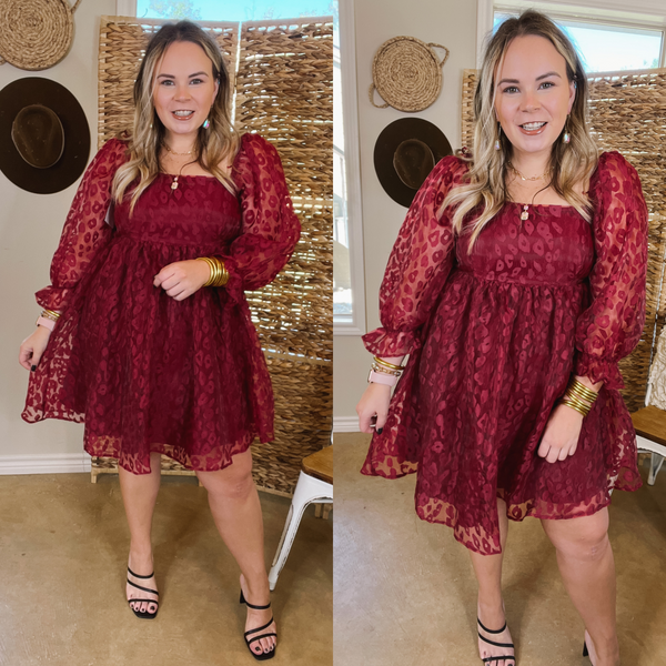Whirl The Night Away Sheer Leopard Print Dress with 3/4 Sleeves in Maroon
