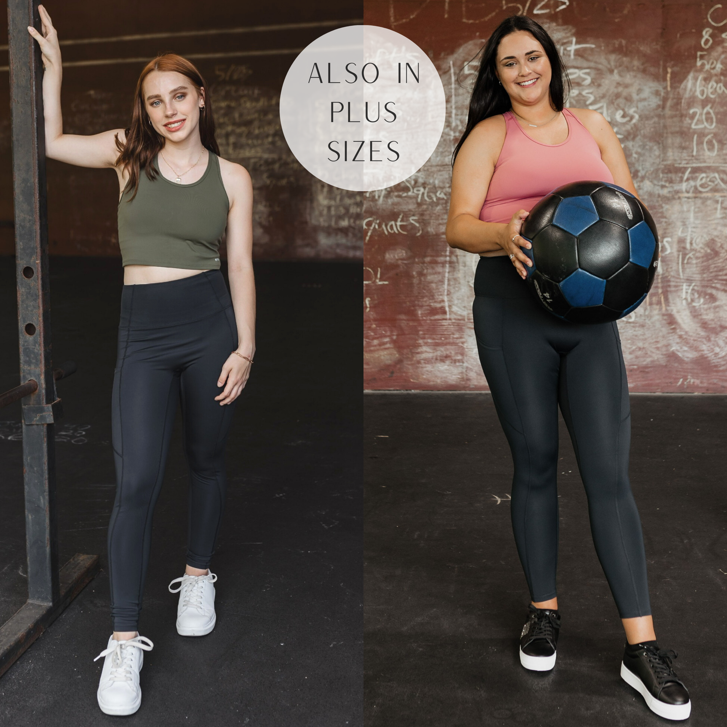 Models are wearing a pair of black leggings with pockets on the side. Plus size model has it paired with black sneakers and a pink tank top. Size small model, pictured from the waist down, has it paired with white sneakers.