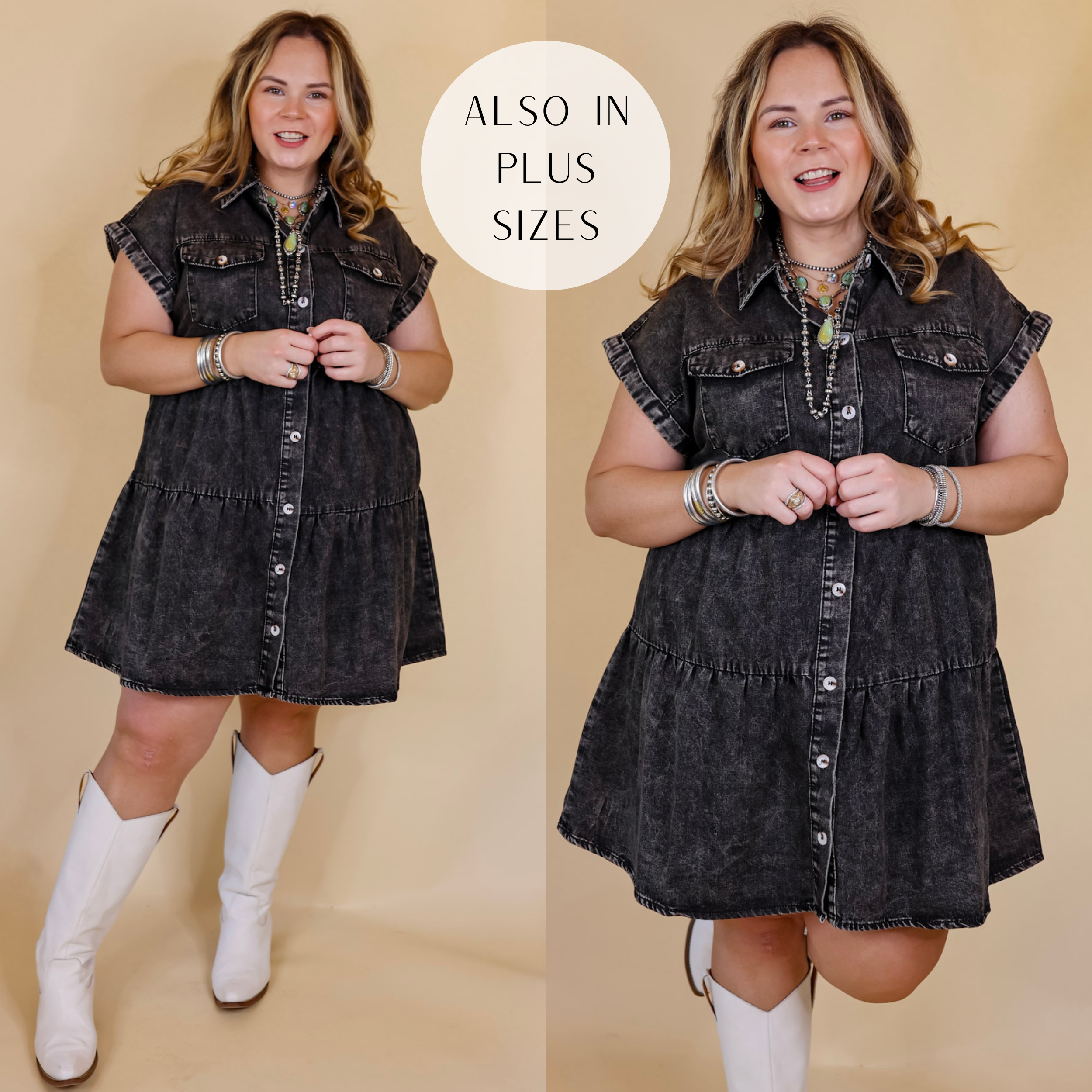 Model has a button down, tiered dress in black. Model has this dress paired with tall, white boots and Navajo jewelry. Background is solid tan.  