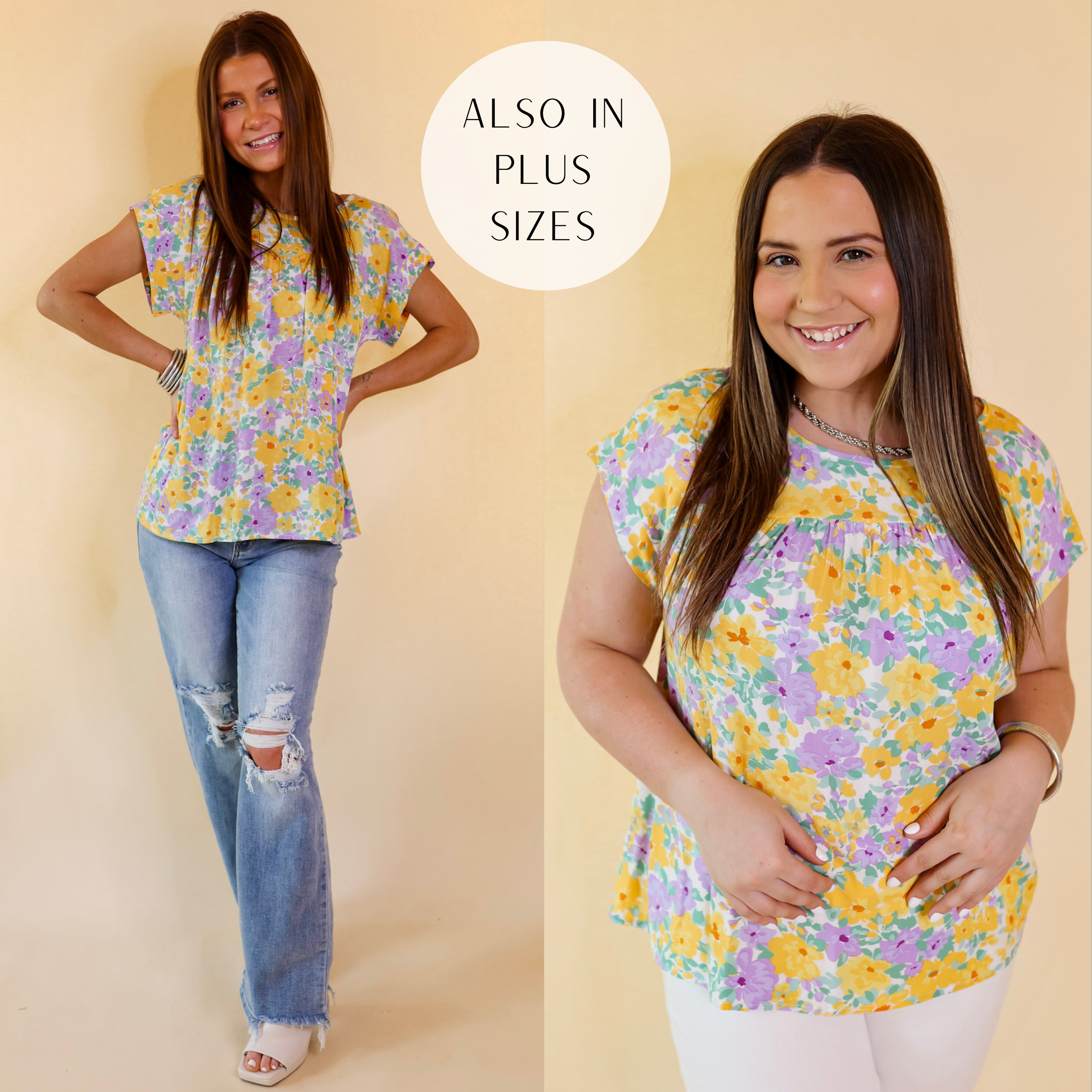 Memorable Meeting Floral Top with Short Sleeves in Purple and Yellow - Giddy Up Glamour Boutique