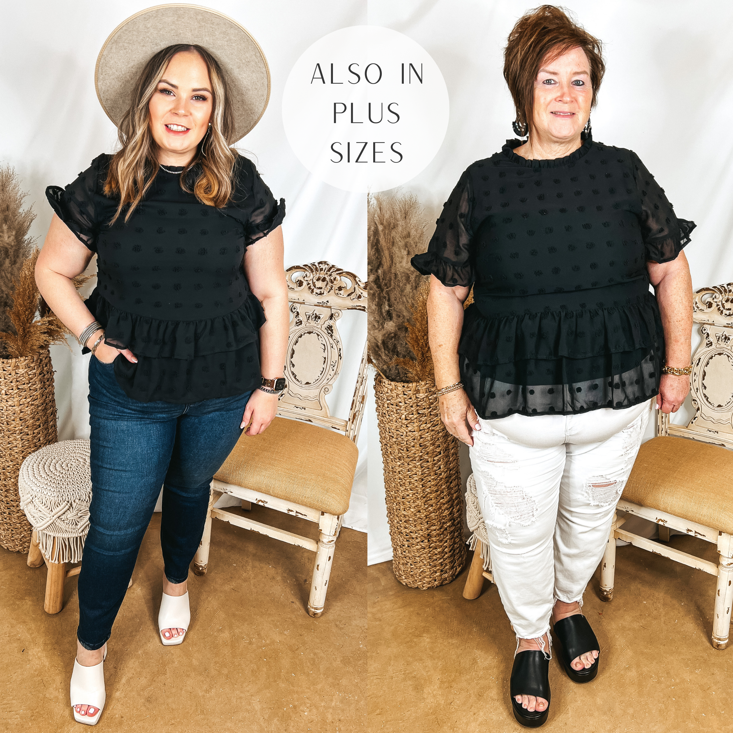 Models are wearing a black swiss dot peplum top. Size large model has it paired with dark wash jeans, white heels, and a speckled hat. Plus size model has it paired with white jeans, black sandals, and black jewelry.