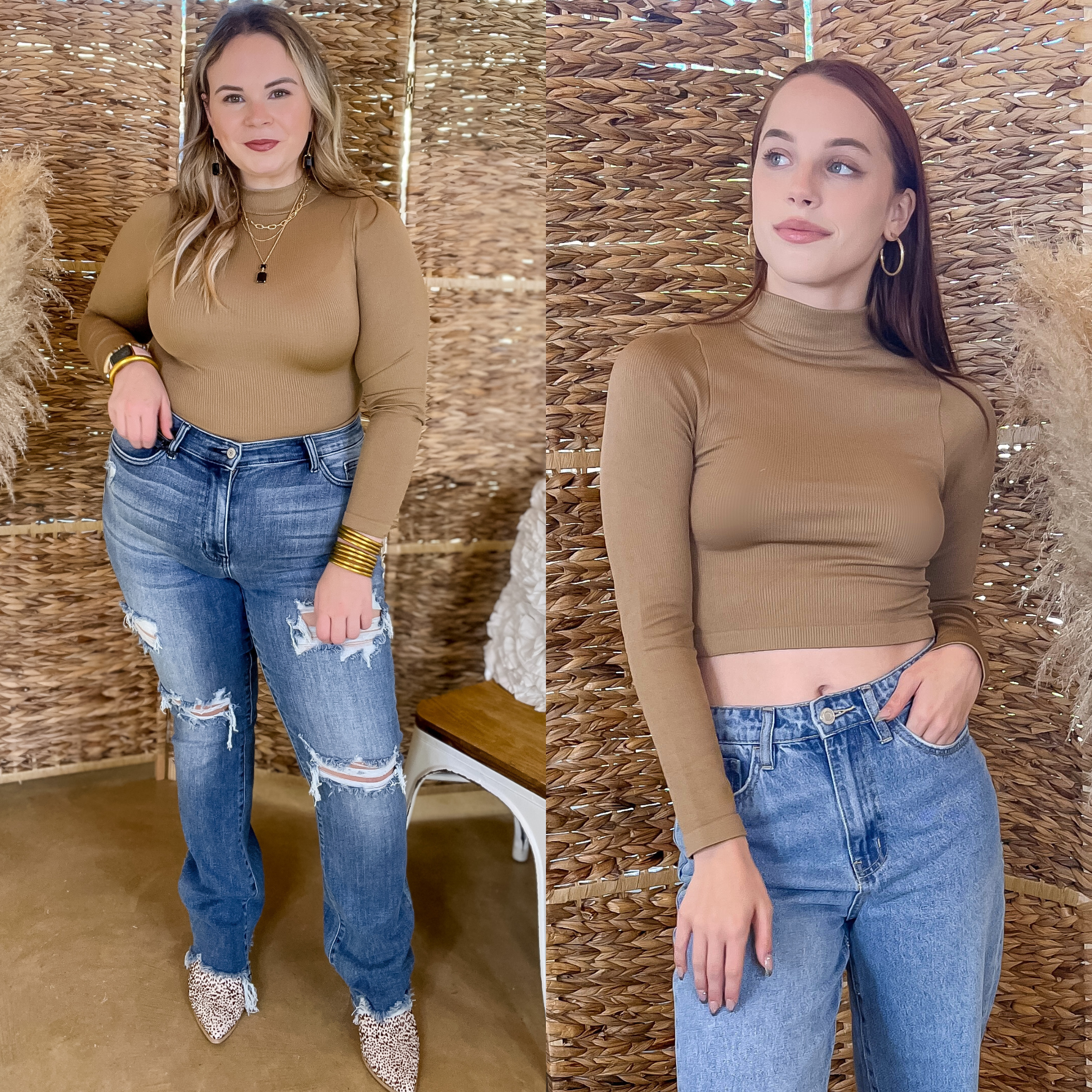 Up At Dawn Ribbed Mock Neck Long Sleeve Crop Top in Light Brown - Giddy Up Glamour Boutique
