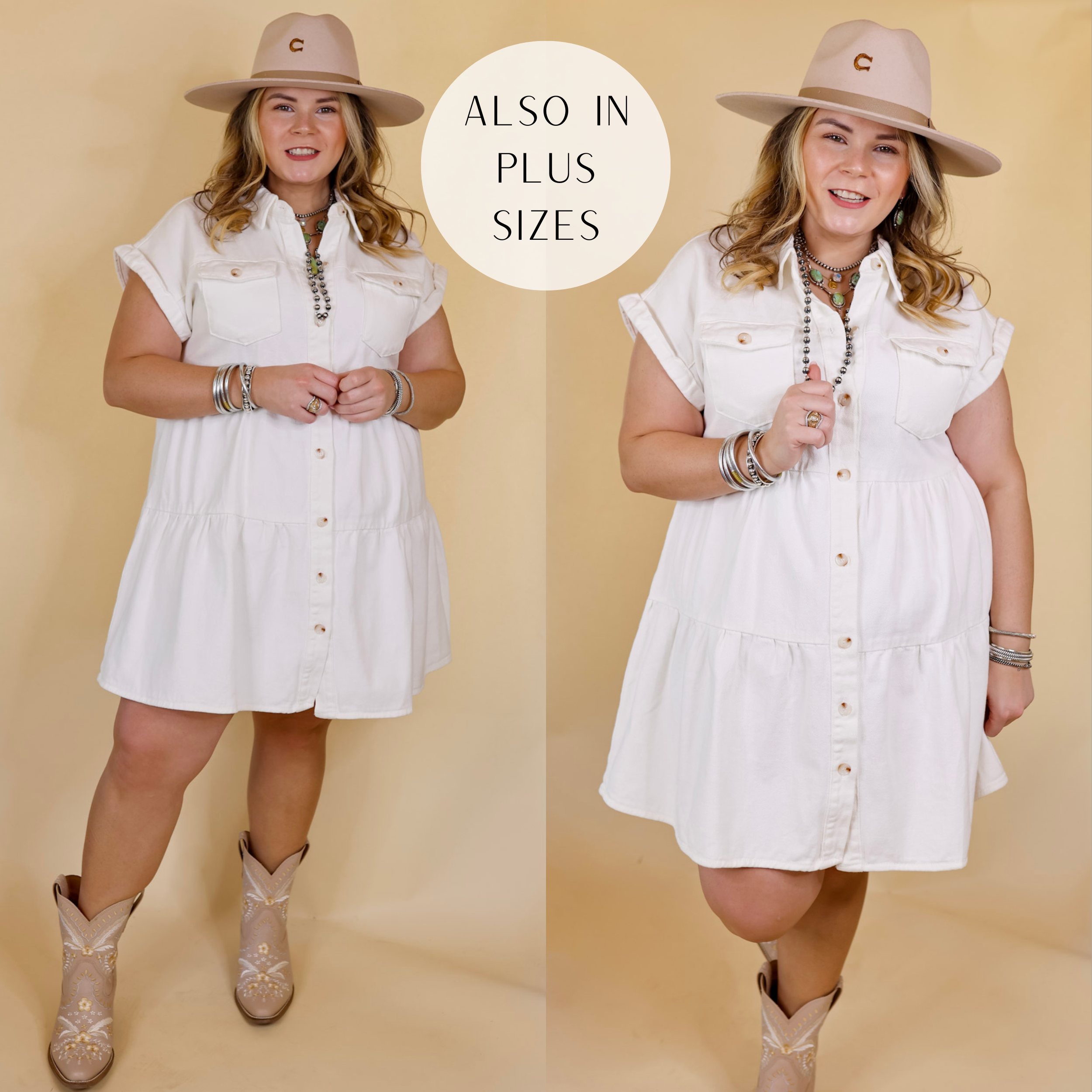 Model is wearing a denim button down, tiered dress in ivory. Model has this dress paired with tan boots, navajo jewelry, and a tan hat. 